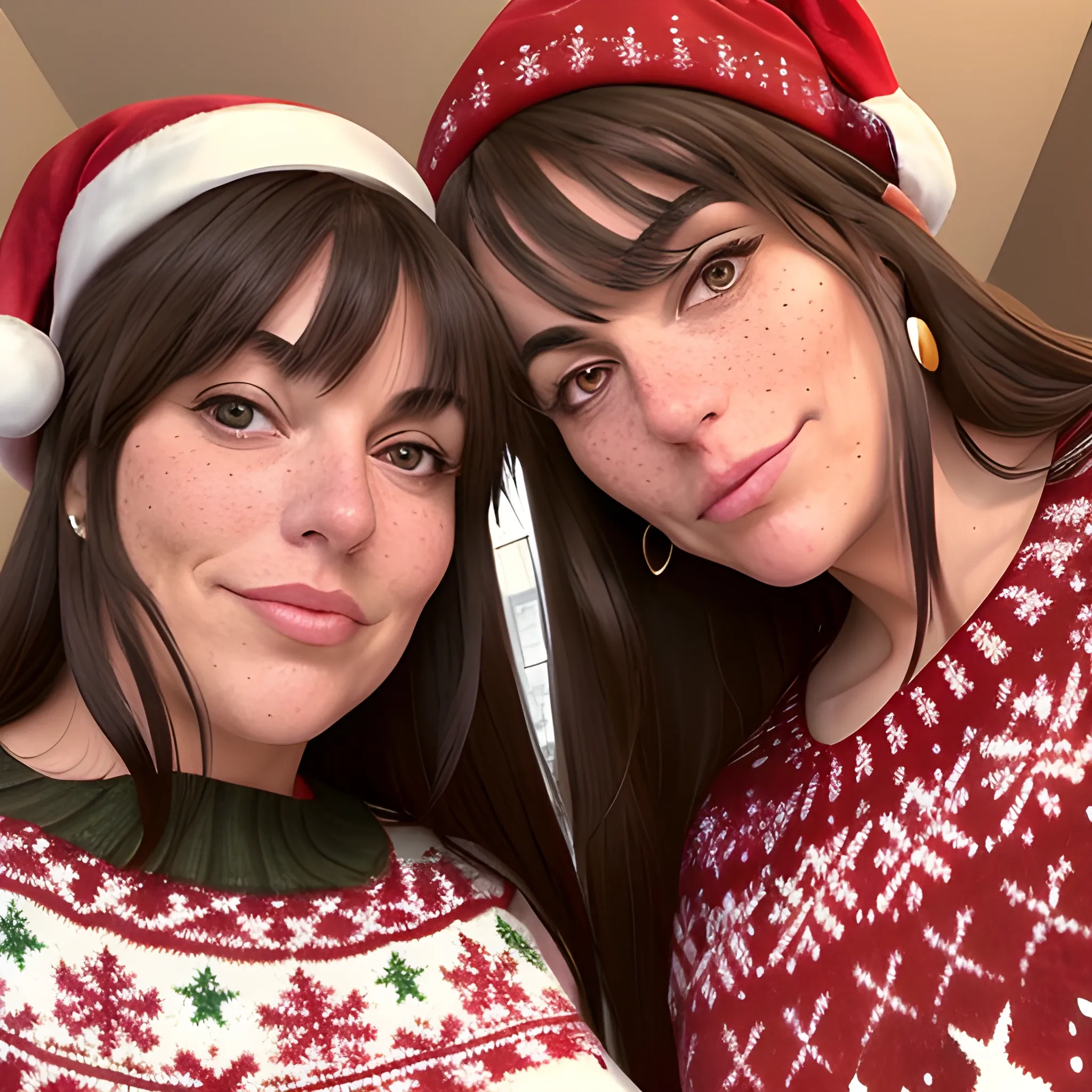 Two tall beautiful plus sized, early middle-aged Italian women with long straight black/brown hair, full lips, freckles, fitted Christmas sweaters, looking down at the camera, up close pov, touching