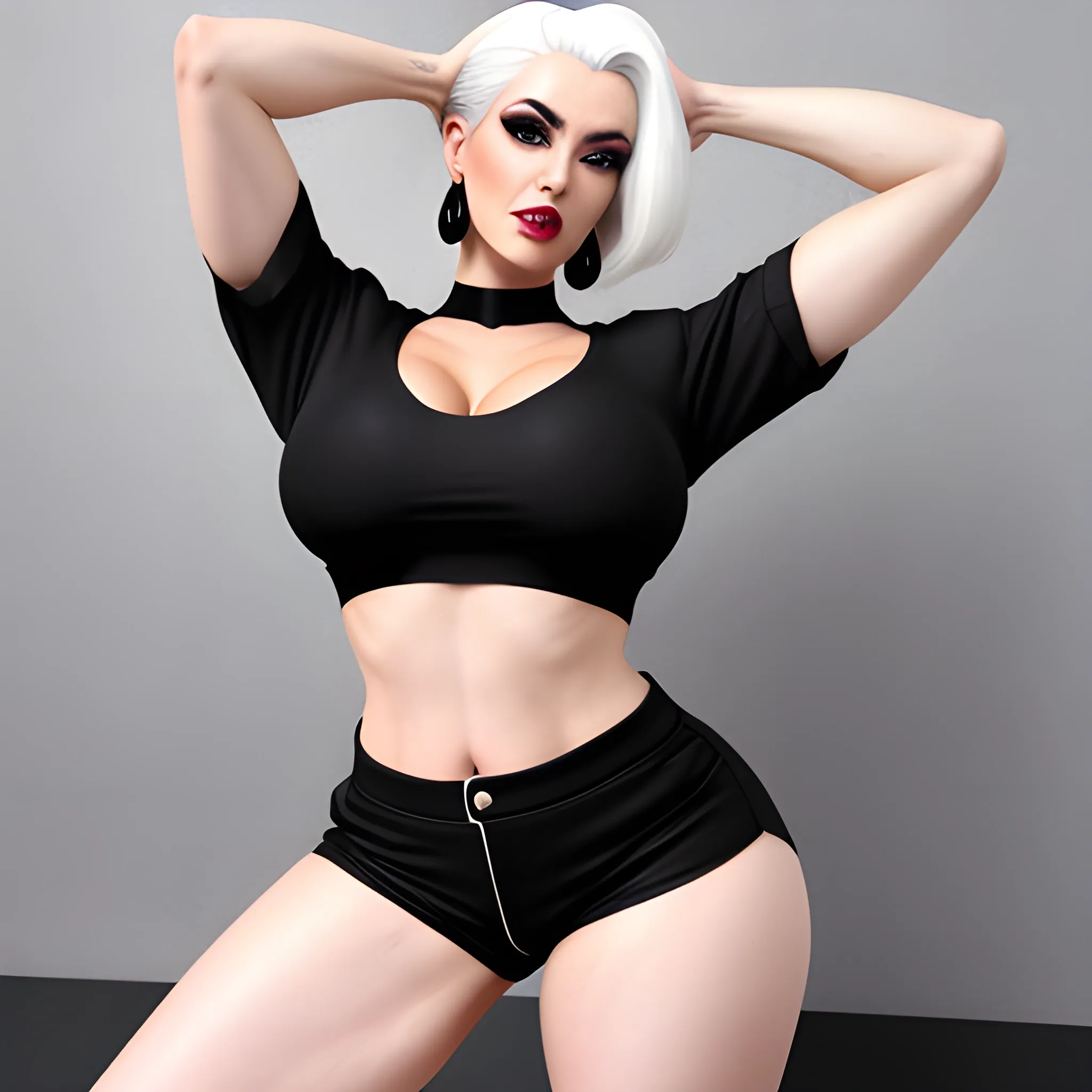 Pretty girl wearing black crop top mad white hair and wearing shorts big thighs hands up on knees medium breasts wearing heels 4k hd
