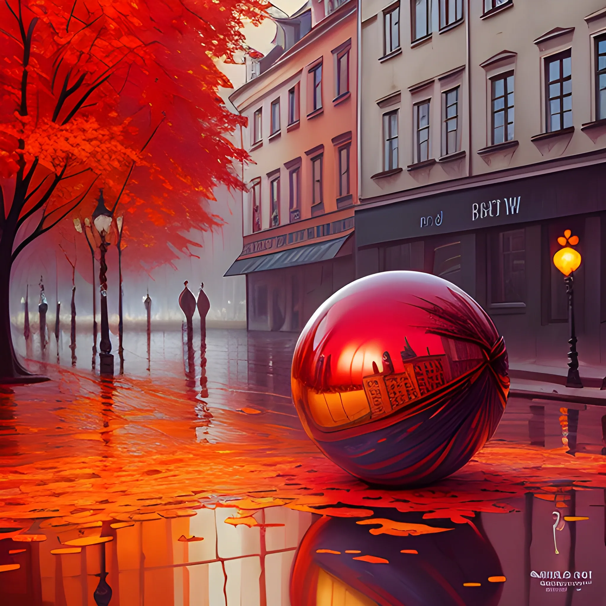 Warsaw city, color ball, sinister art by Grag Rutkowski, red autumn palette, Oil Painting, Trippy, 3D