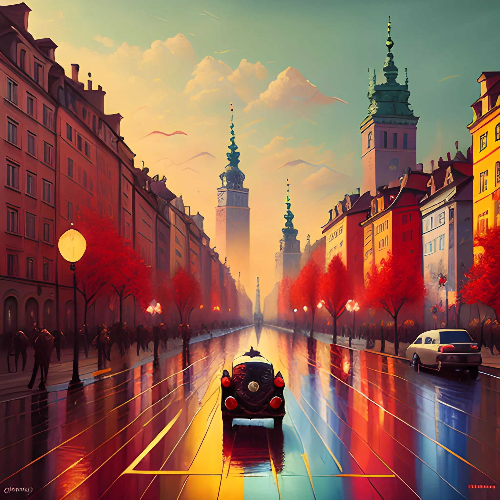 Warsaw city, color ball, sinister art by Grag Rutkowski, red autumn palette, Oil Painting, Trippy, 3D