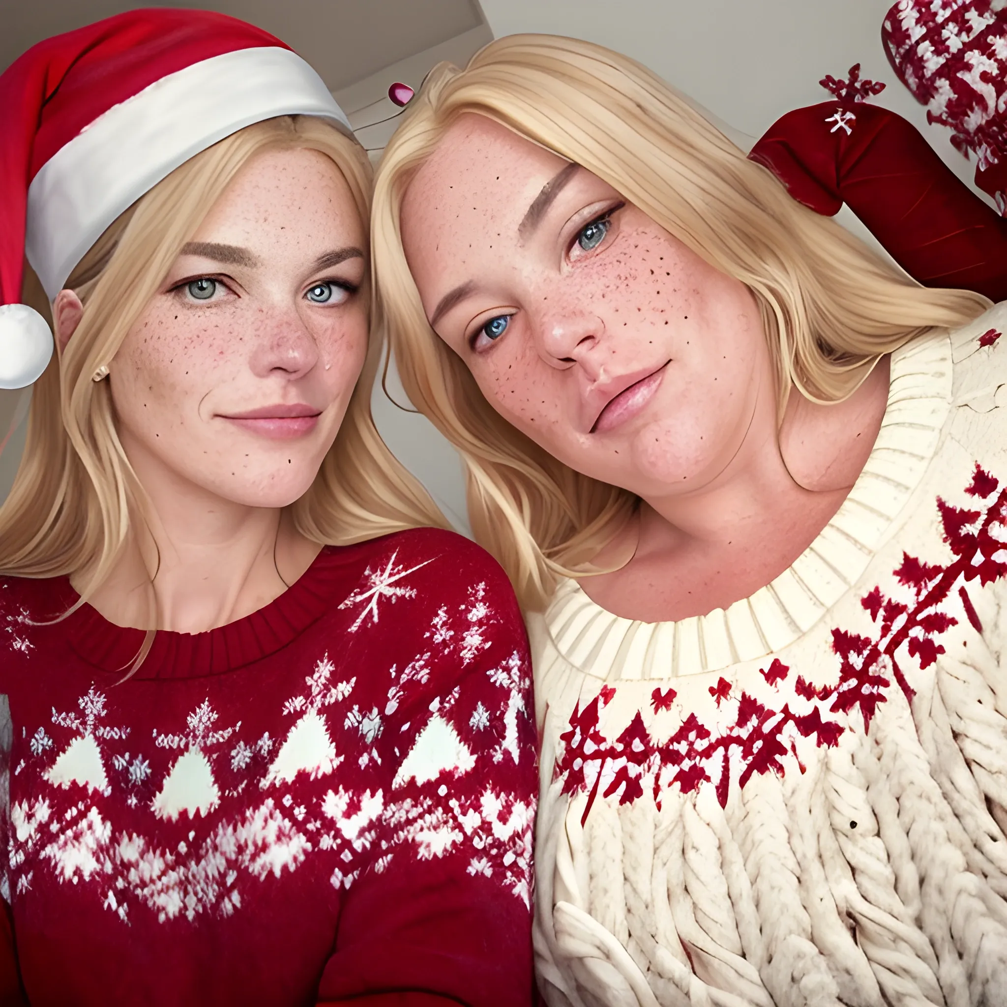 Two tall beautiful plus sized, early middle-aged French women with long straight dirty-blonde hair, full lips, freckles, fitted Christmas sweaters, looking down at the camera, up close pov, touching