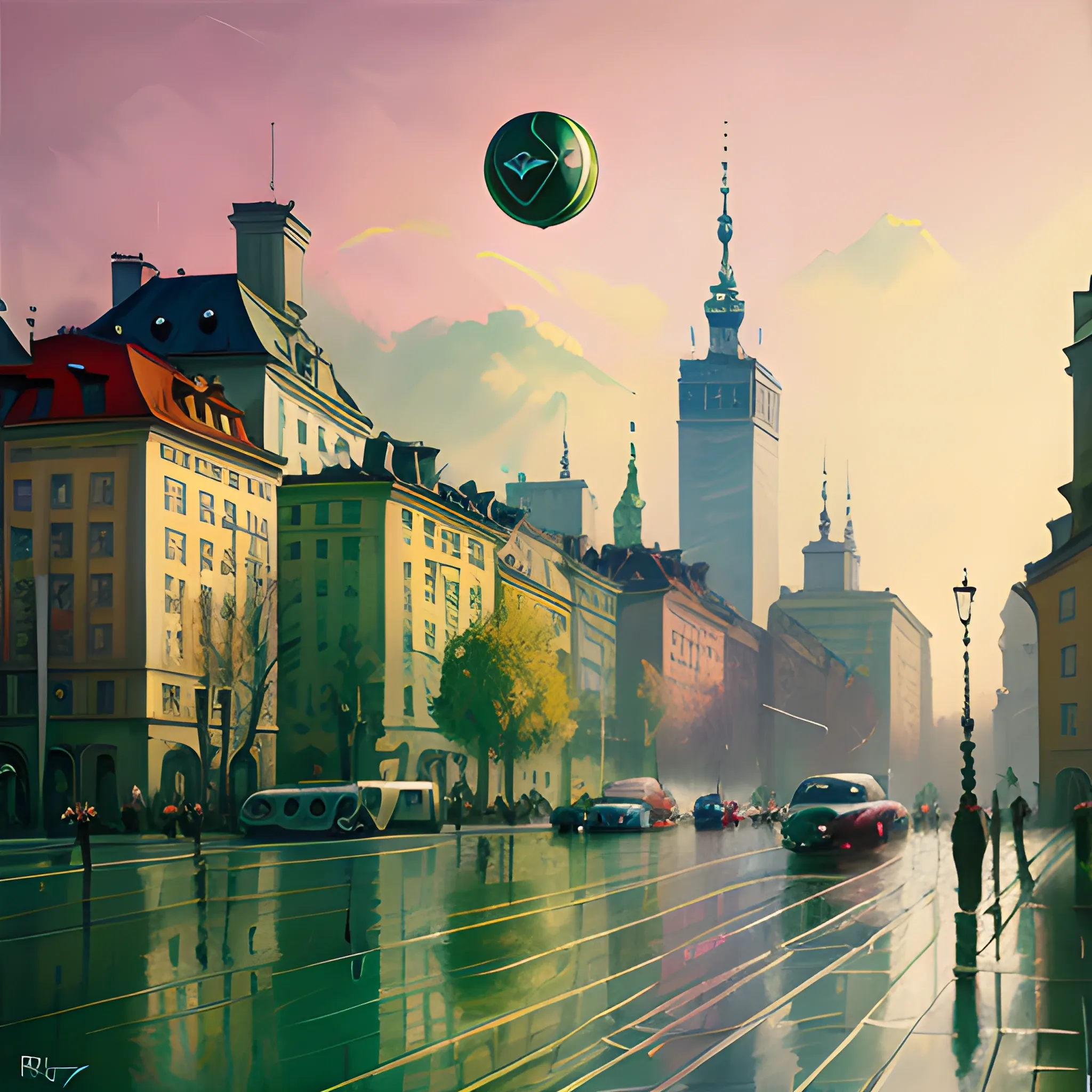 Warsaw city, color ball, sinister art by Grag Rutkowski, green spring palette, Oil Painting, Trippy, 3D