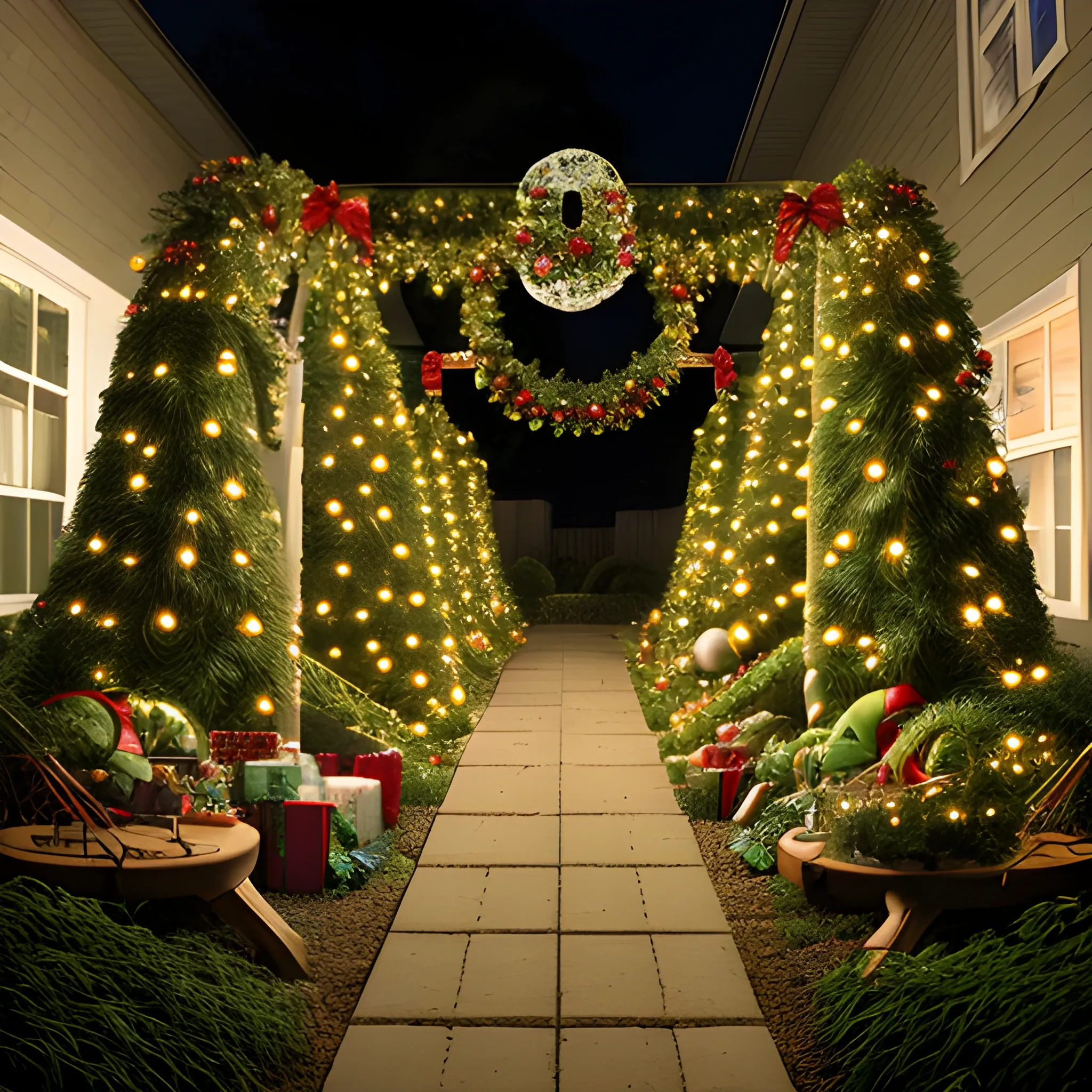 Liminal space garden with christmas decorations