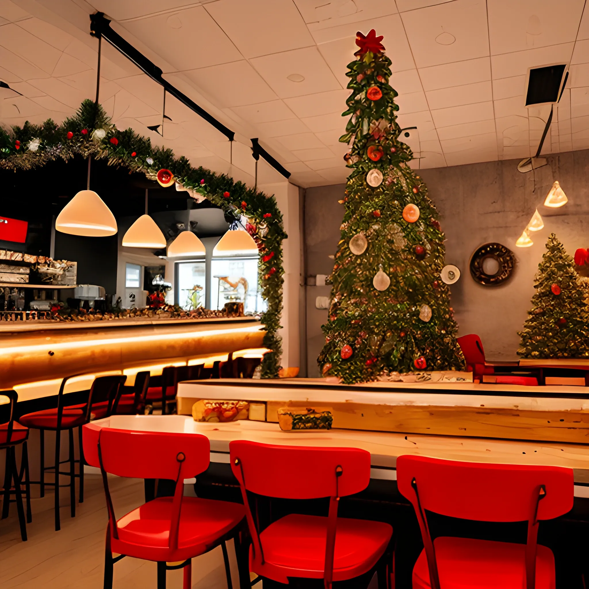 Liminal space pizzeria with christmas decorations