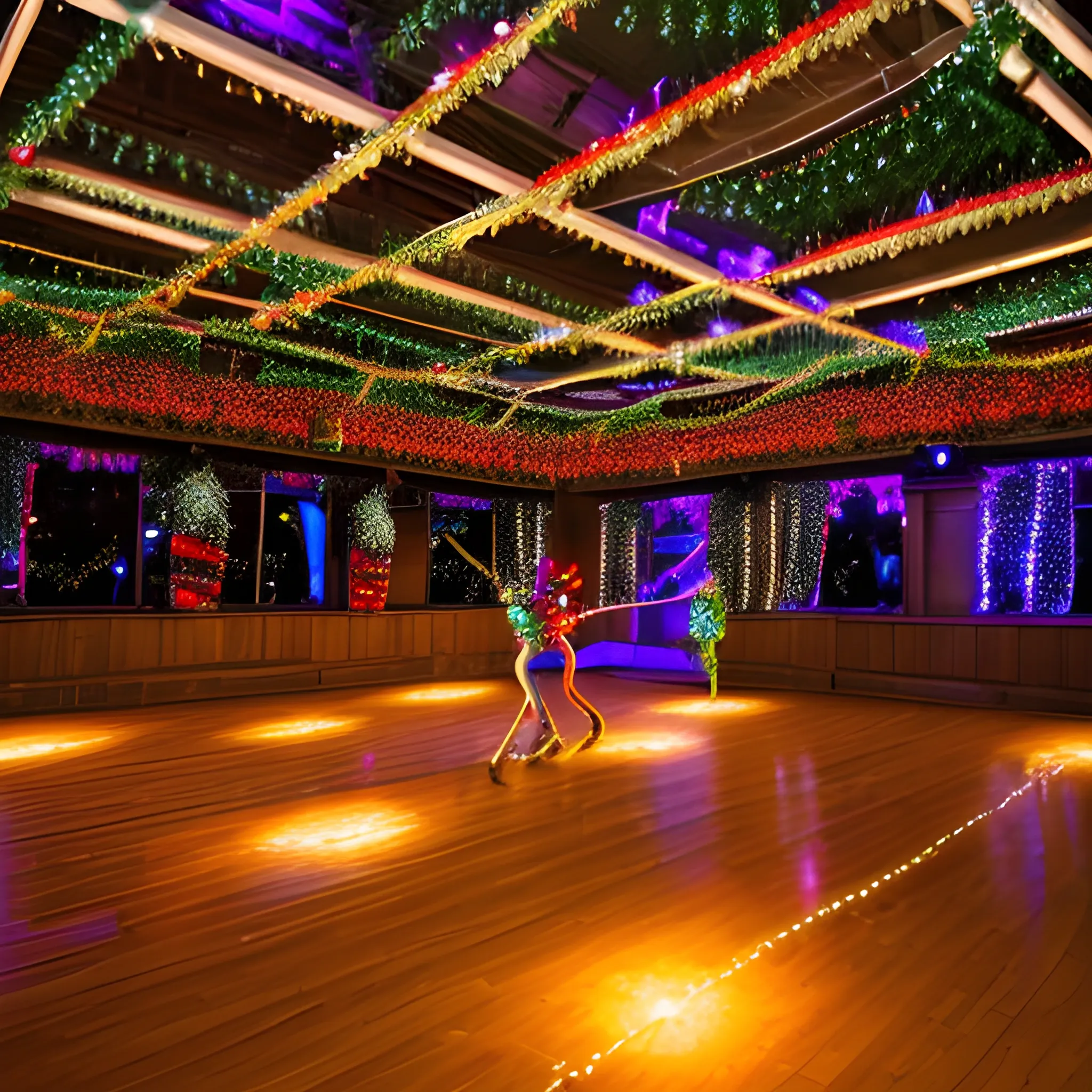 Liminal space dance hall with christmas decorations Arthub.ai