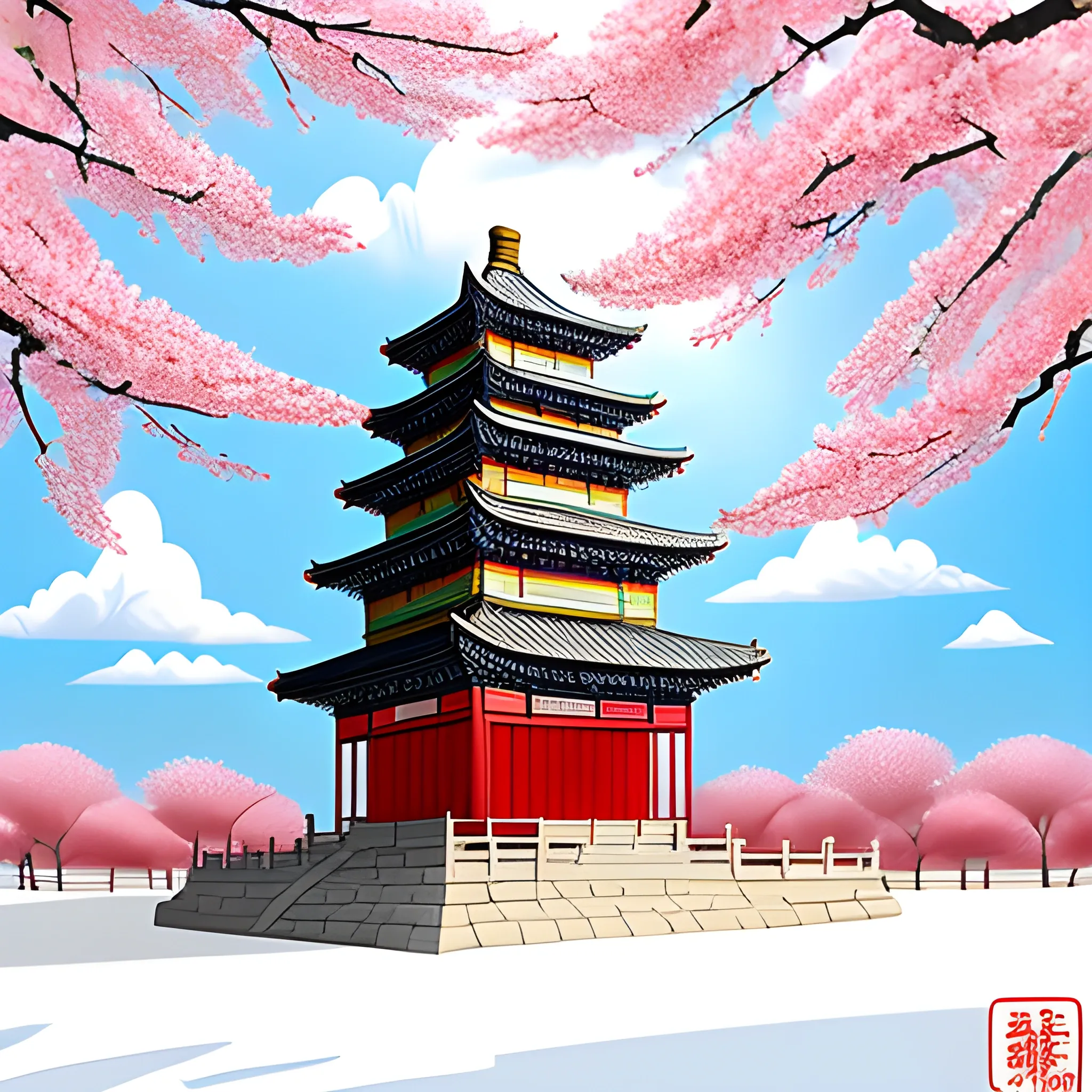 Ancient pagoda from the Song Dynasty in China, white clouds and snowy scenery in the southern sky, red plum blossoms, the ultimate artistic conception, master, Cartoon, Cartoon