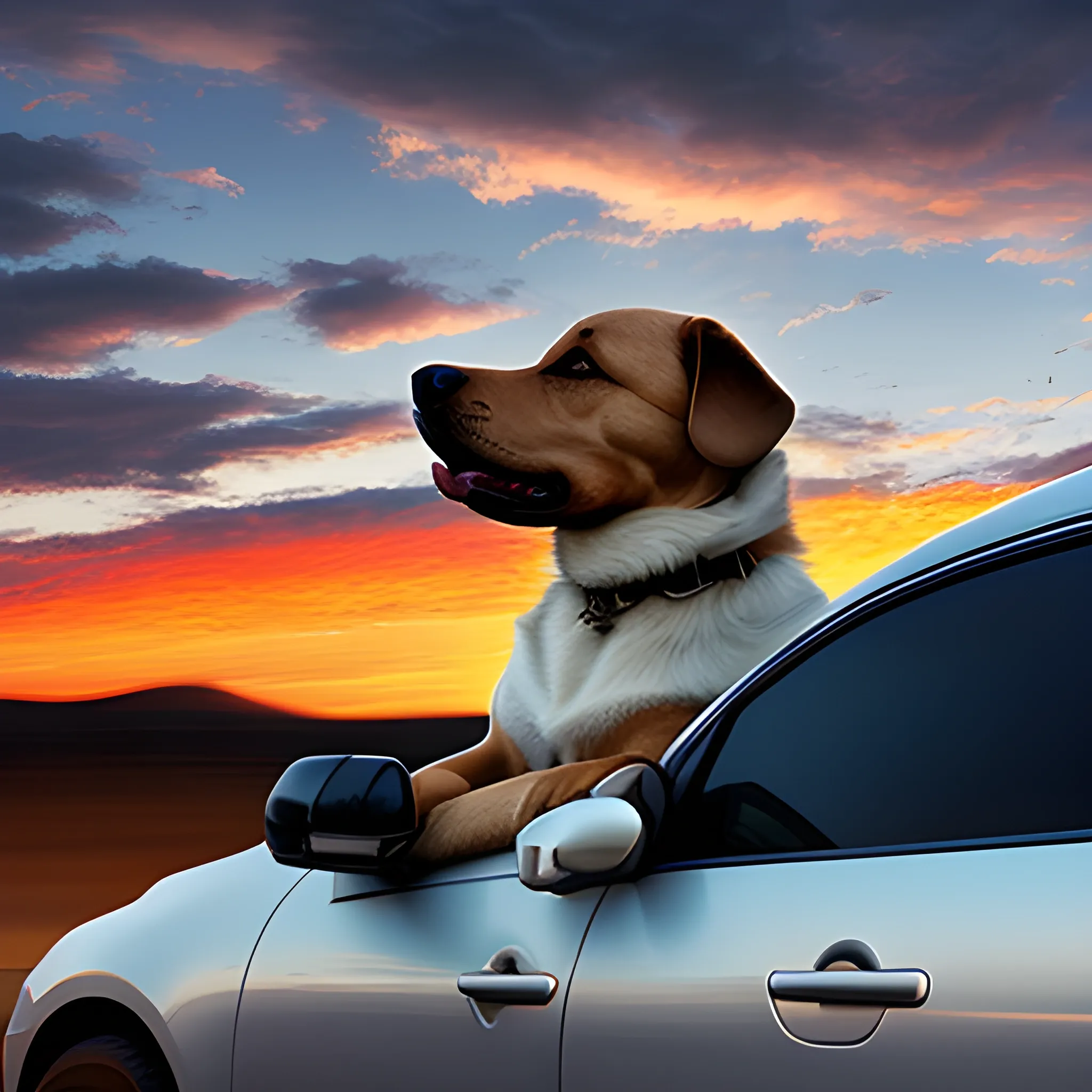 dog, car, landscape, clouds, sunset