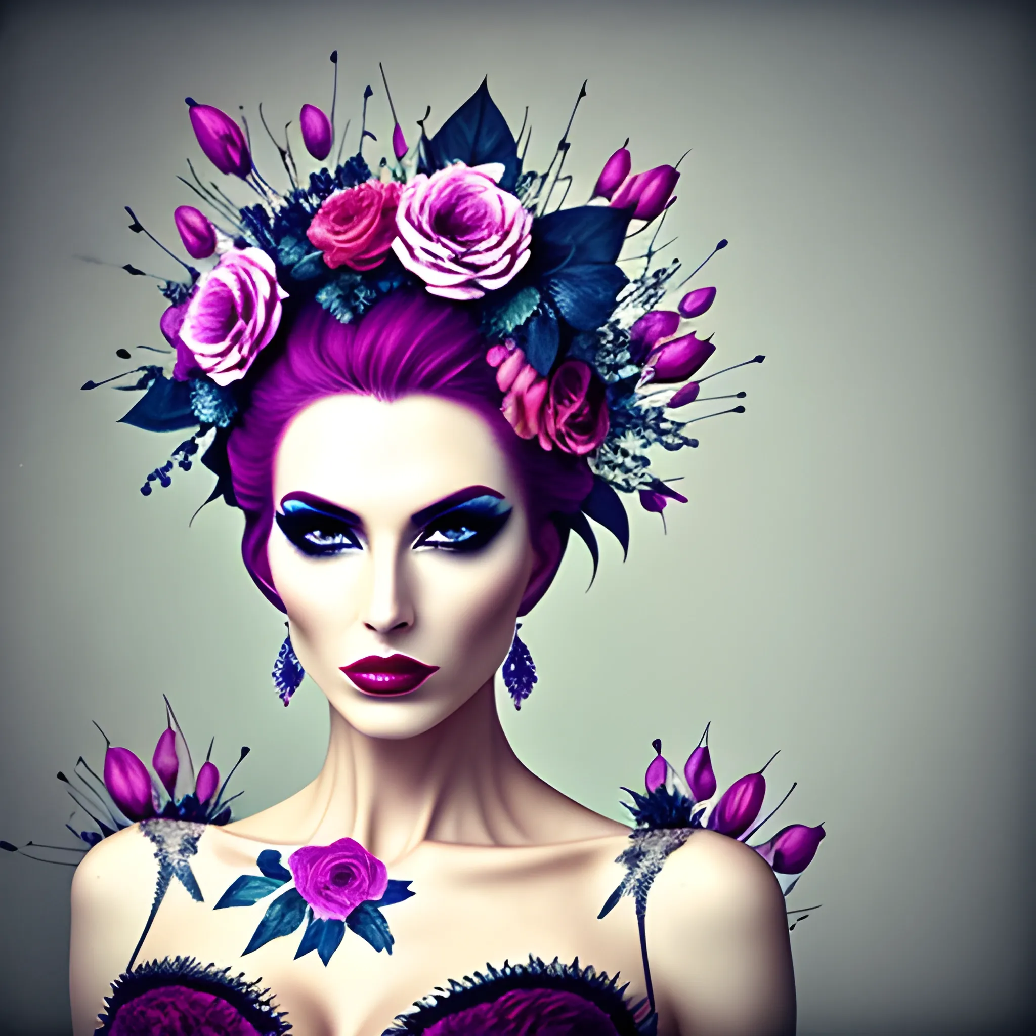 Portrait of a beautiful girl in bloom, mysterious and elegant floral punk fashion