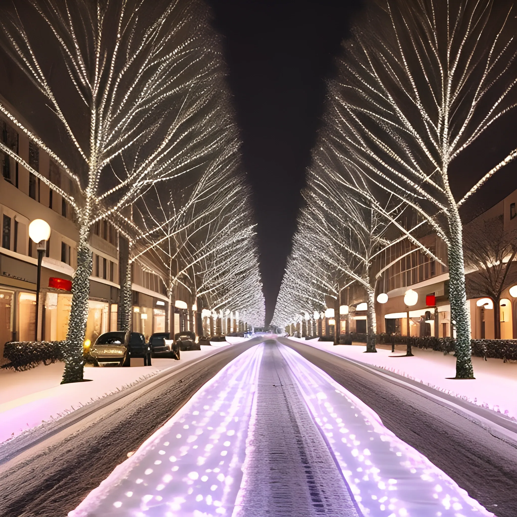 Christmas Eve beautiful trees full of lights illuminated streets snow on the trees deer on the streets