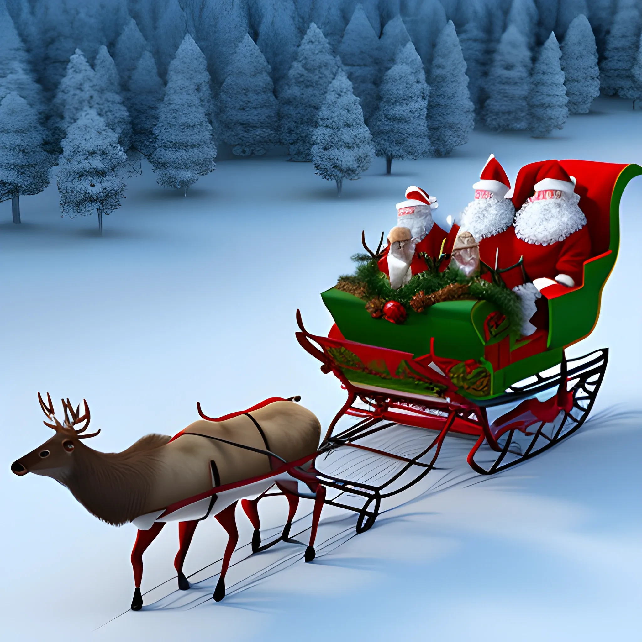 Elk，Sleigh and Santa Claus, 3D