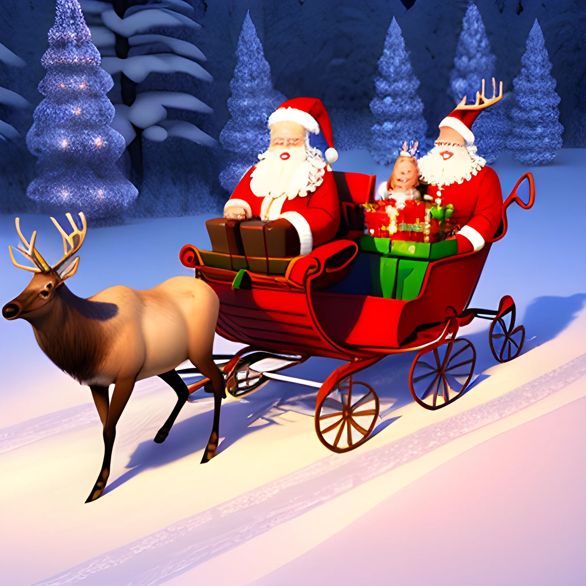 Elk，Sleigh and Santa Claus, 3D，magic,Santa Claus is a sexy beauty，Santa Claus brings many gifts