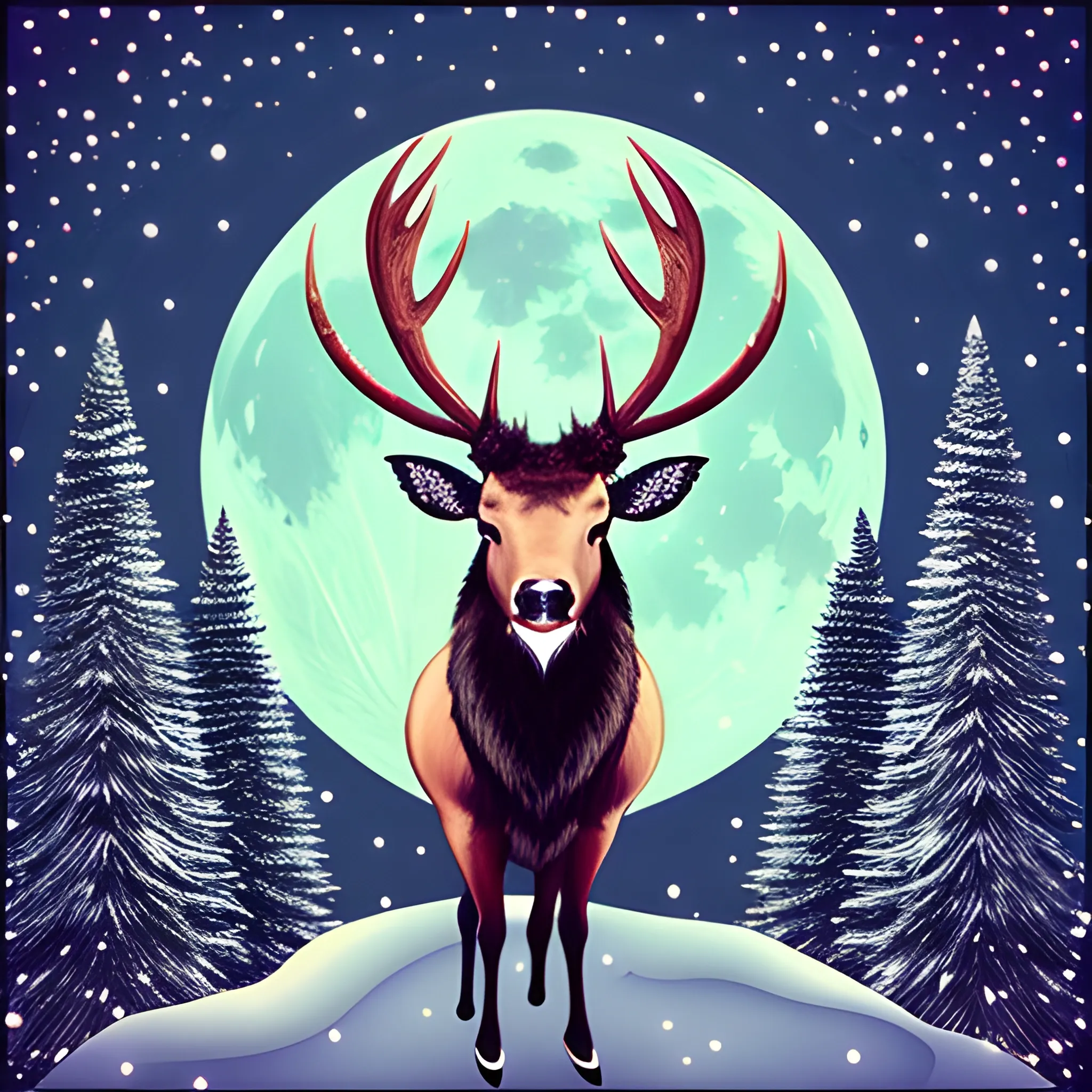 Cute little elk sitting on the moon, Christmas, punk style, sophisticated Christmas costume