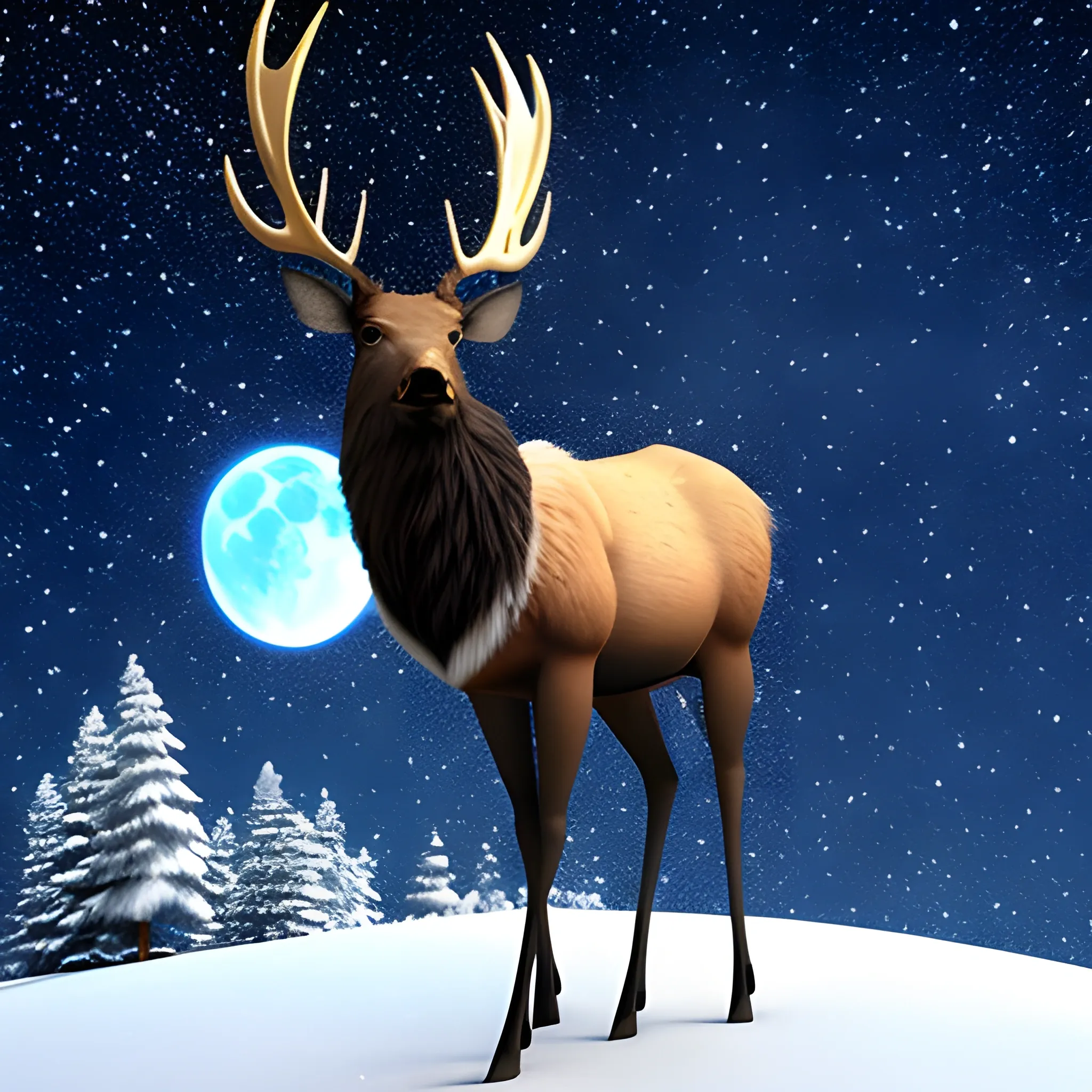 Cute little elk sitting on the moon, Christmas, punk style, sophisticated Christmas costume, 3D