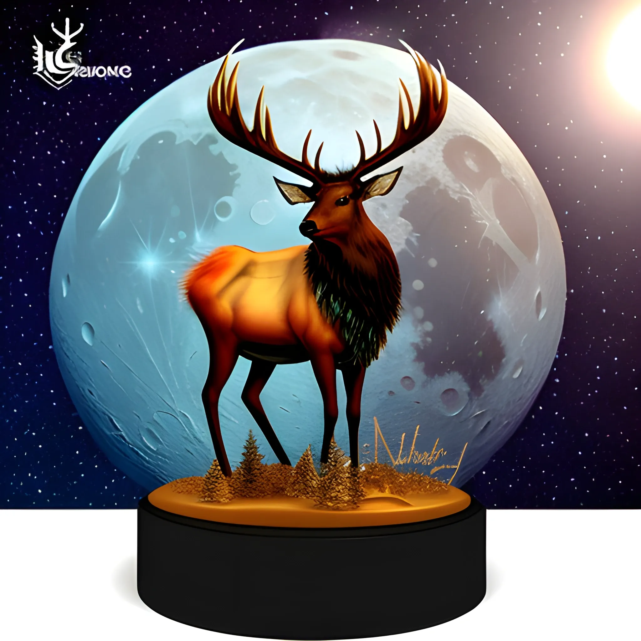 Cute little elk sitting on the moon, Christmas, punk style, sophisticated Christmas costume, 3D