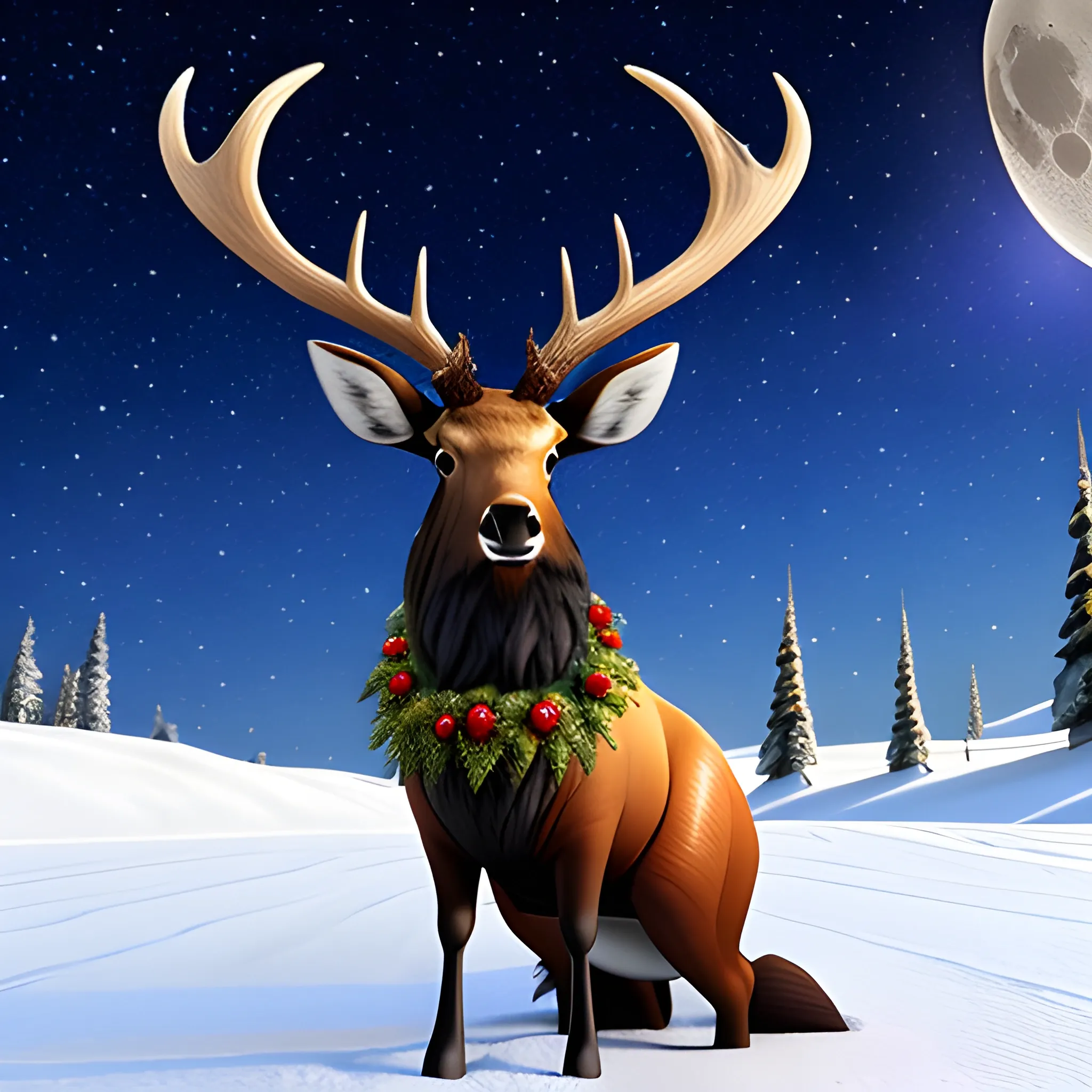 Cute little elk sitting on the moon, Christmas, punk style, sophisticated Christmas costume, 3D