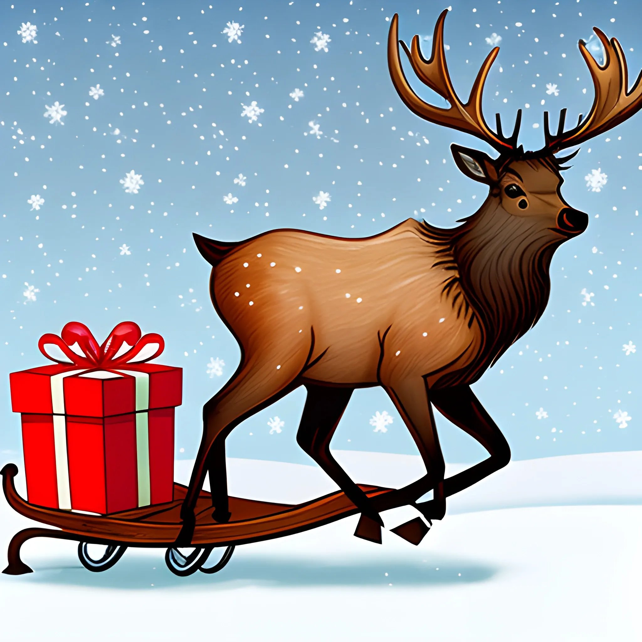 Christmas, a cute elk in a running posture, with a sleigh and gifts behind it