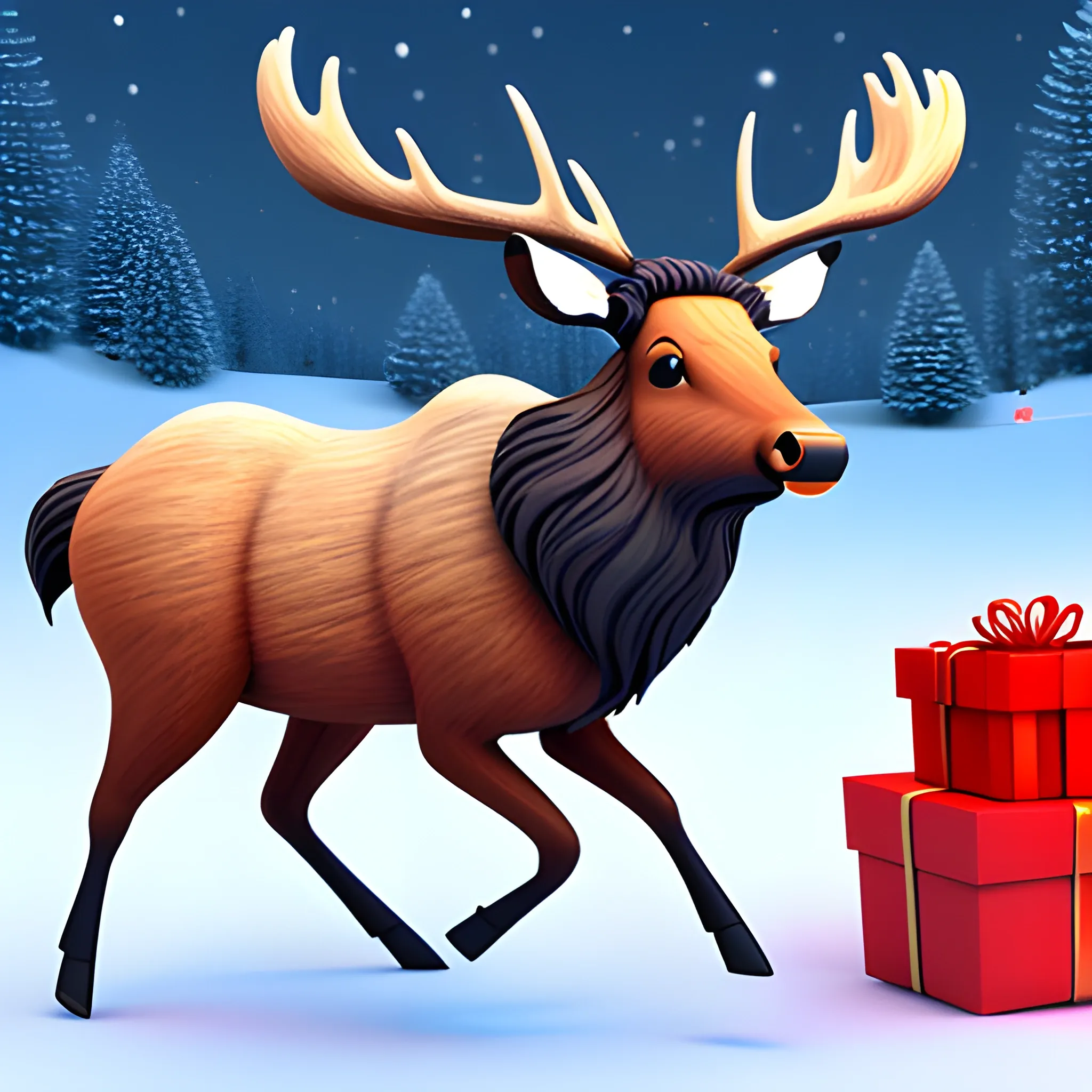 Christmas, a cute elk in a running posture, with a sleigh and gifts behind it, 3D