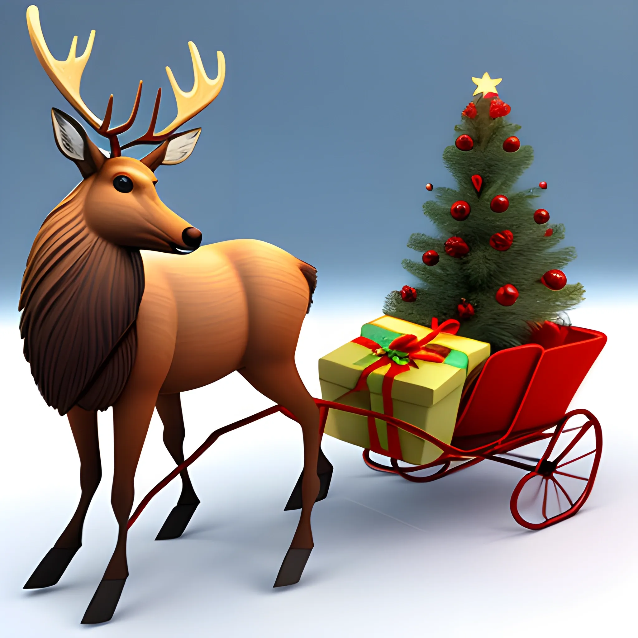 Christmas, a cute elk in a running posture, with a sleigh and gifts behind it, 3D