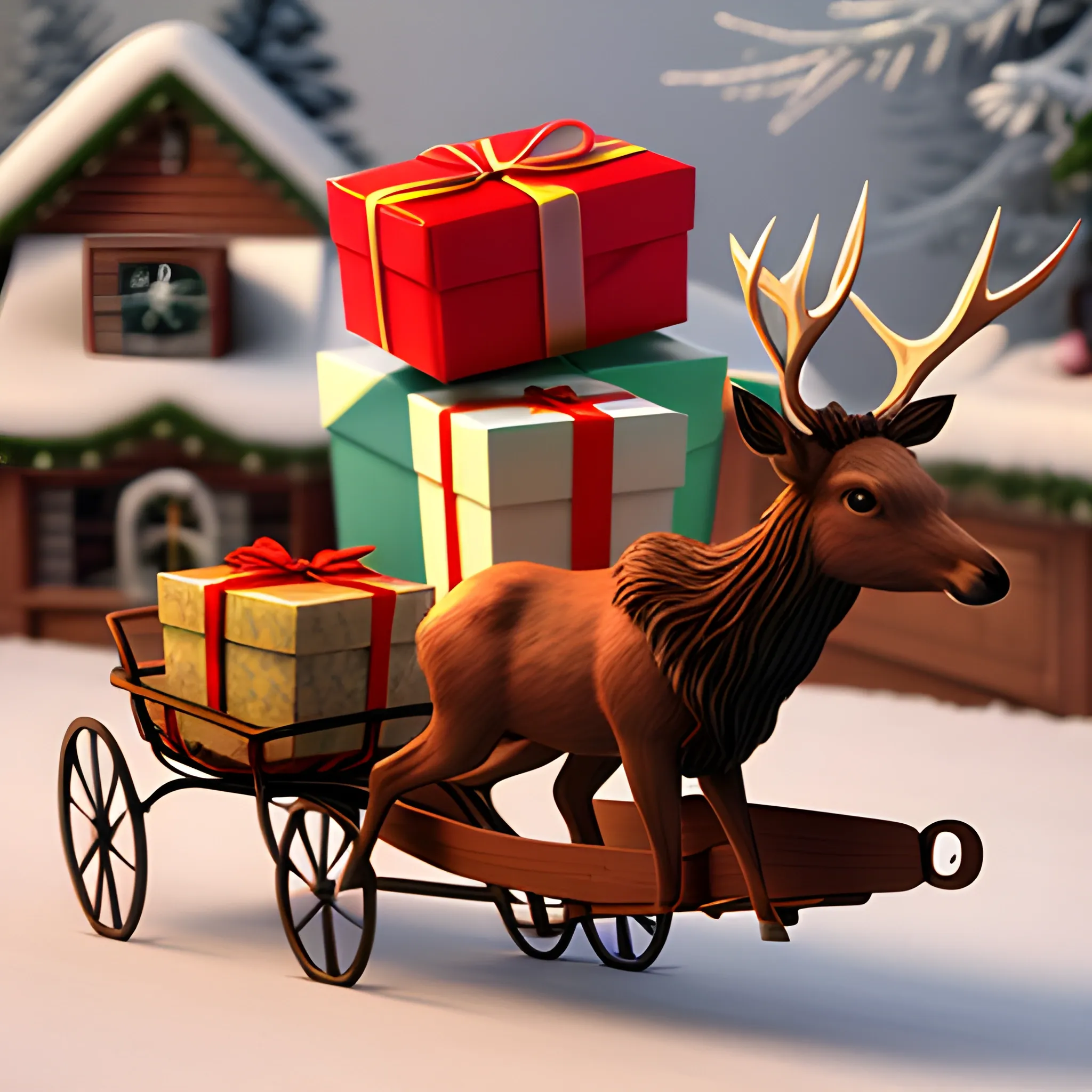 Christmas, a cute elk in a running posture, with a sleigh and gifts behind it, 3D