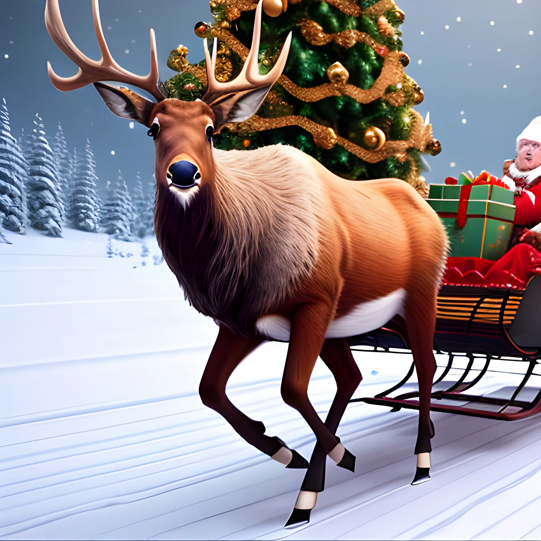 Christmas, a cute elk in a running posture, with a sleigh and gifts behind it, 3D