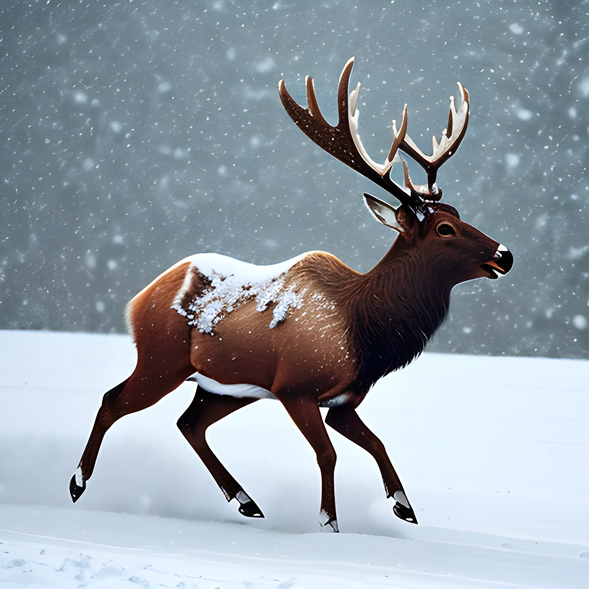 Christmas, heavy snow, a cute elk, exquisite details, running posture, sleigh and gifts pulled behind