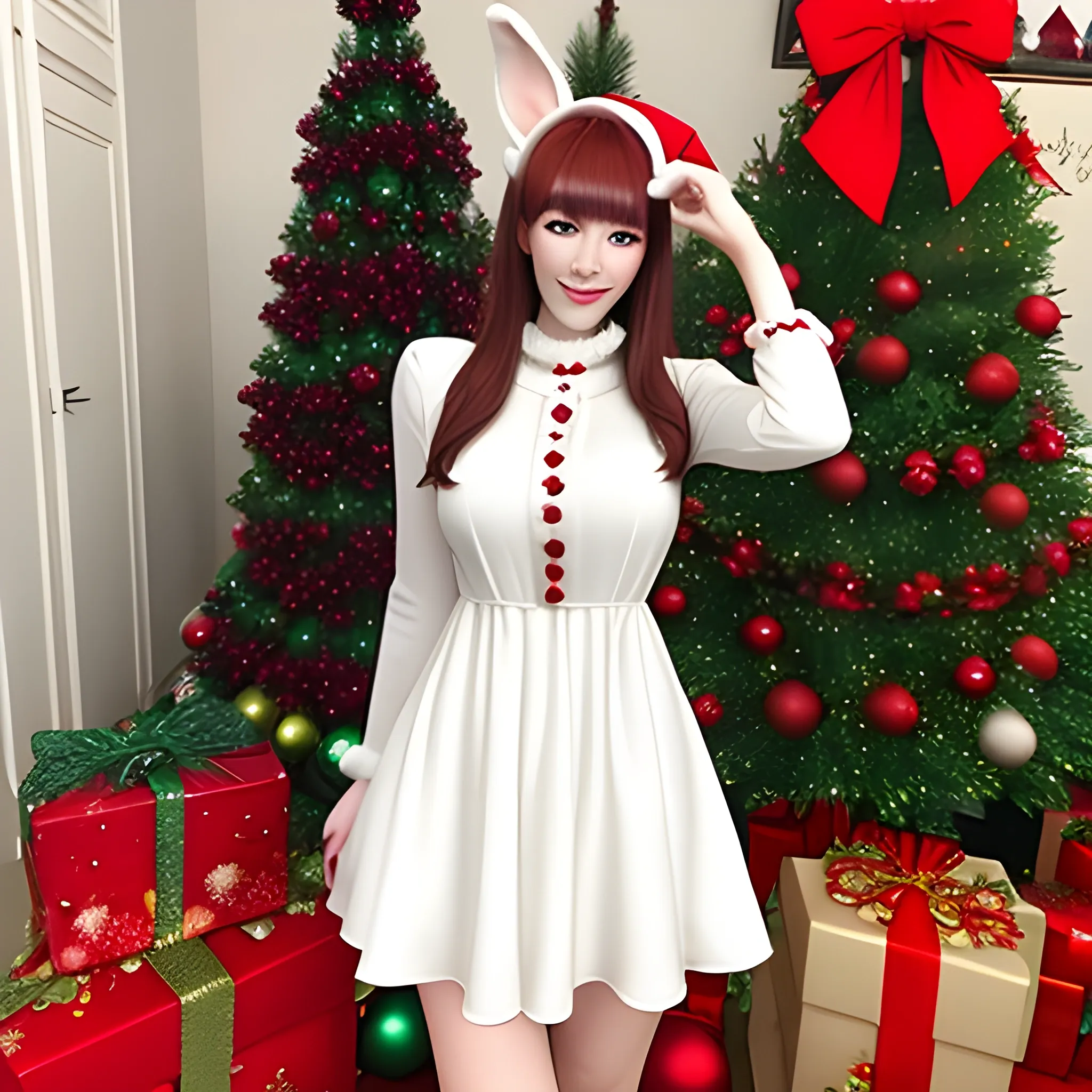 21yo girl, solo, looking at viewer, full body, Wange_Hu_Christmas_dress, Christmas_dress,fake rabbit ears, Christmas, Christmas tree, Christmas ornaments,