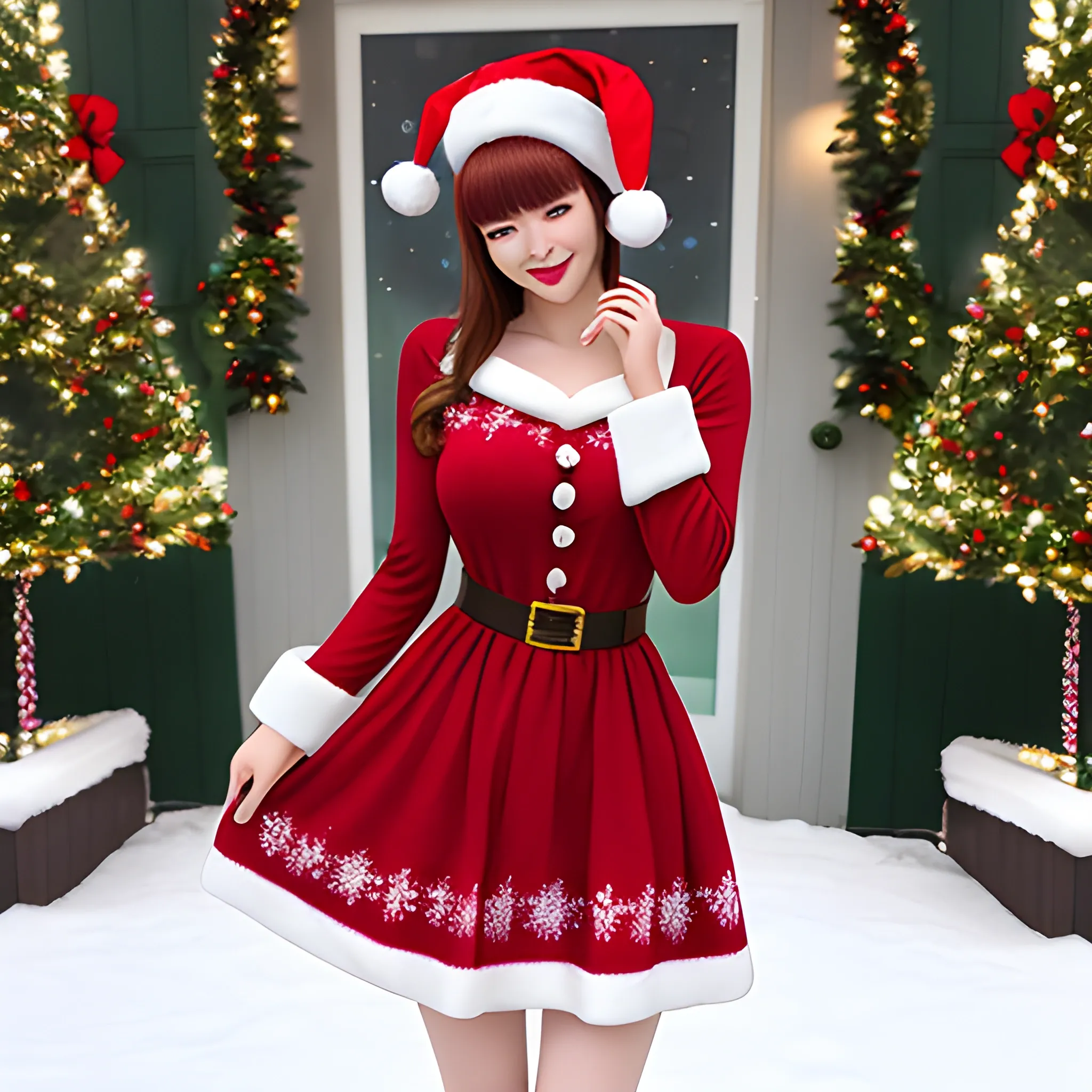 21yo girl, solo, looking at viewer, full body, Wange_Hu_Christmas_dress, Christmas_dress,fake rabbit ears, Christmas, Christmas tree, Christmas ornaments, ,MiJu,Wange_Hu_Christmas_dress