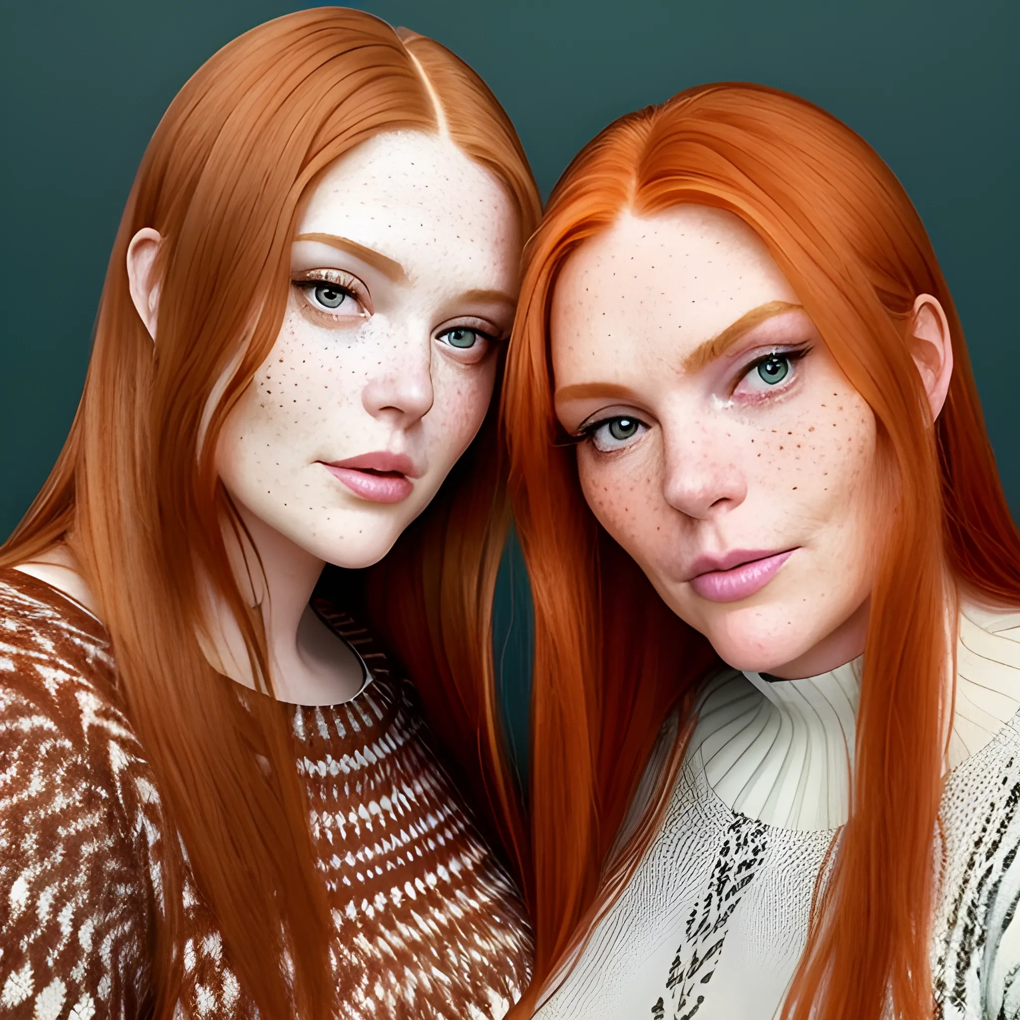 Two tall beautiful, curvy, plus-sized, early middle-aged ginger women, freckles, with long straight hair, fitted patterned sweaters, full defined lips, looking down at the camera, up close pov, low angle, touching