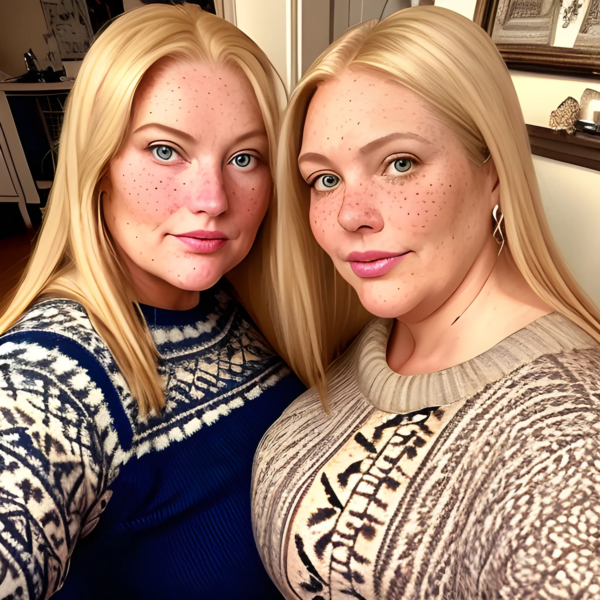 Two tall very beautiful, curvy, plus-sized, early middle-aged American women, freckles, with long straight Blonde hair, fitted patterned sweaters, full defined lips, looking down at the camera, up close pov, low angle, touching, lauhging.