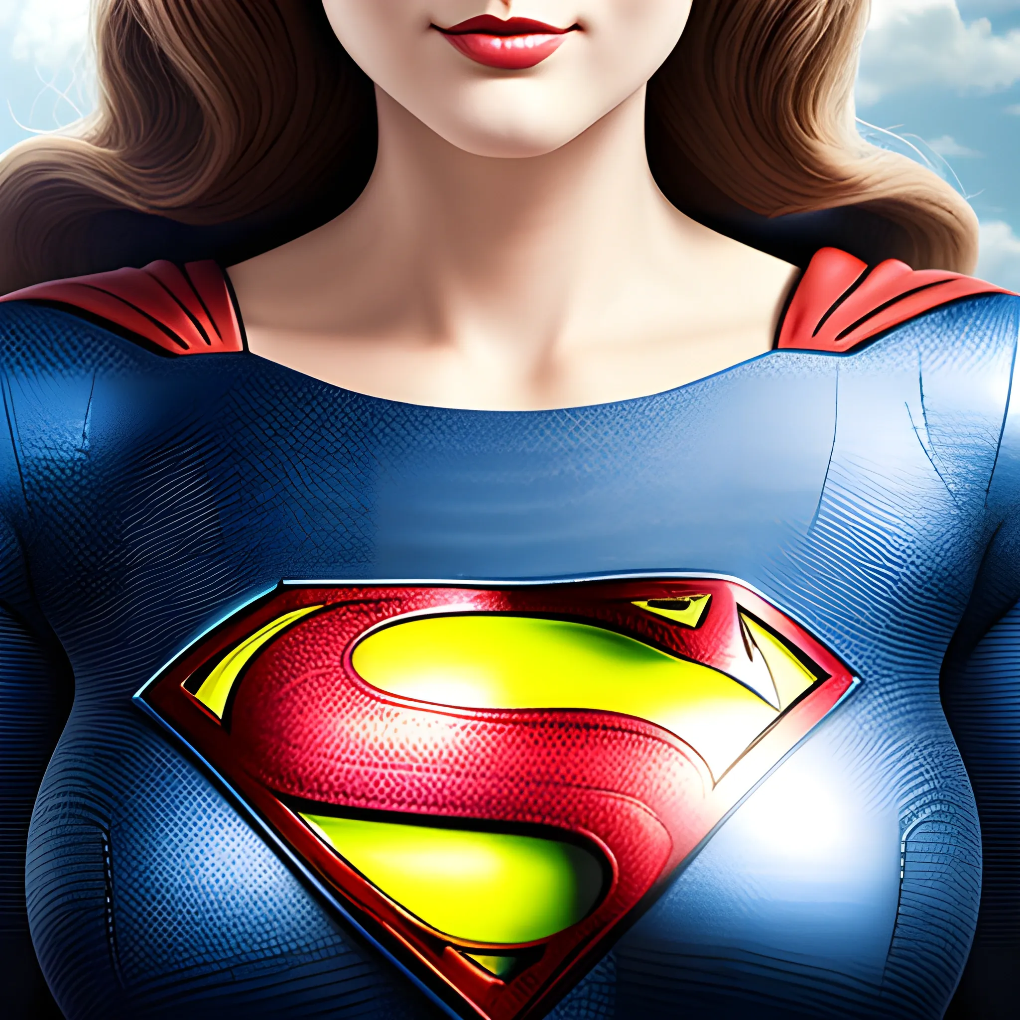 An elegant lady wearing a Superman costume, eye-catching detail, realistic ultra-detailed