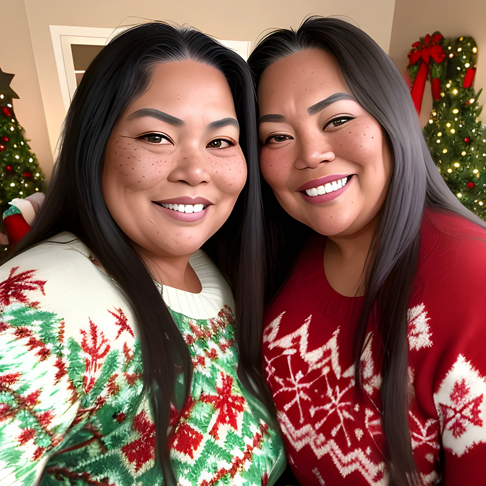 Two tall very beautiful, curvy, plus-sized, early middle-aged Hawaiian women, freckles, with long straight hair, fitted Christmas sweaters, full defined lips, looking down at the camera, up close pov, low angle, touching, lauhging