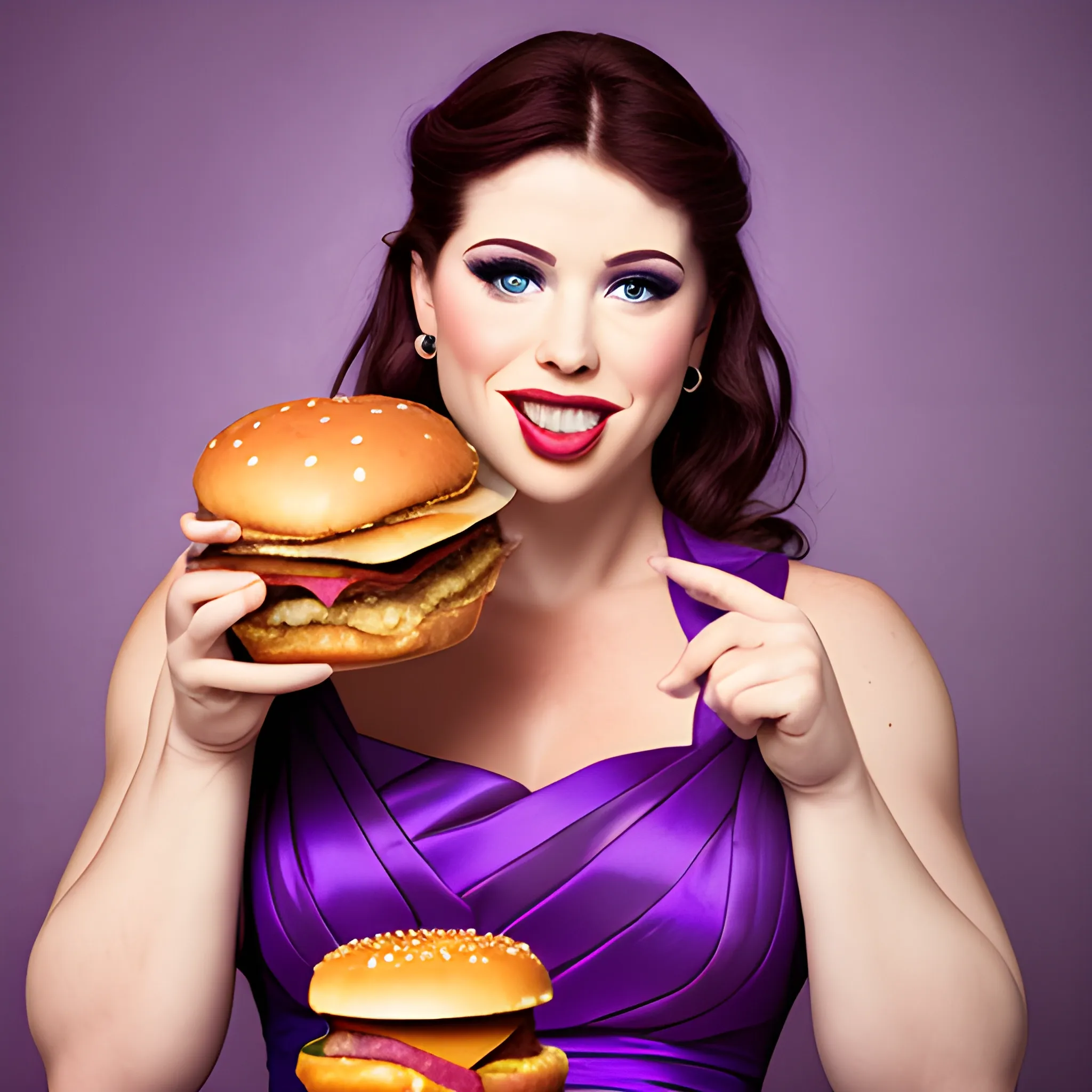 Hercules in a purple dress eats a hamburger, photography
