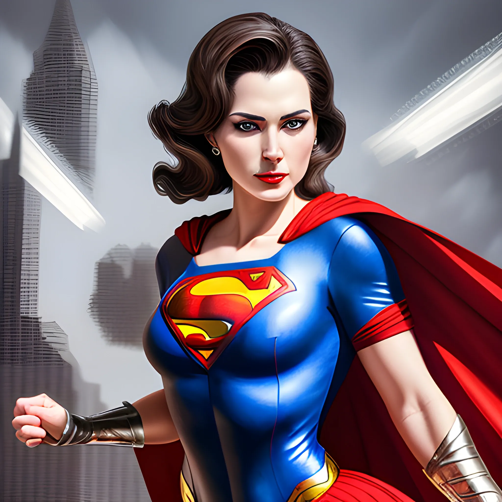 An elegant lady wearing a Superman costume, eye-catching detail, realistic ultra-detailed, Oil Painting, 3D