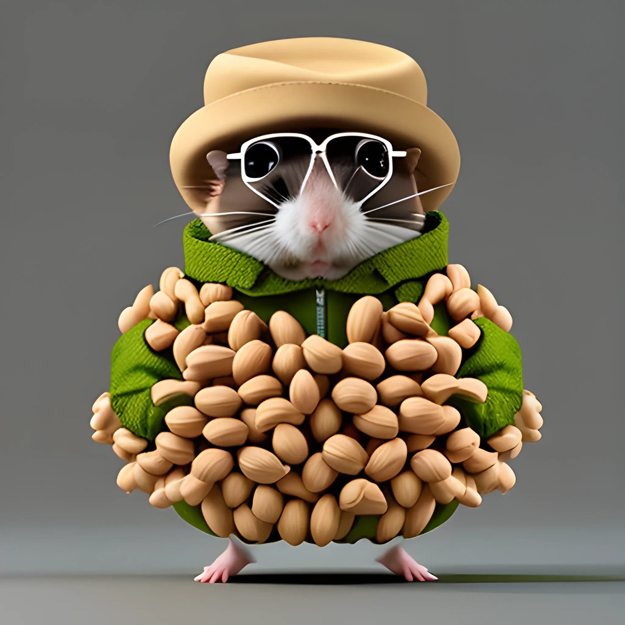 , 3D, a hamster installation wearing clothes and shoes and hat, holding peanuts, Humanmade style, young