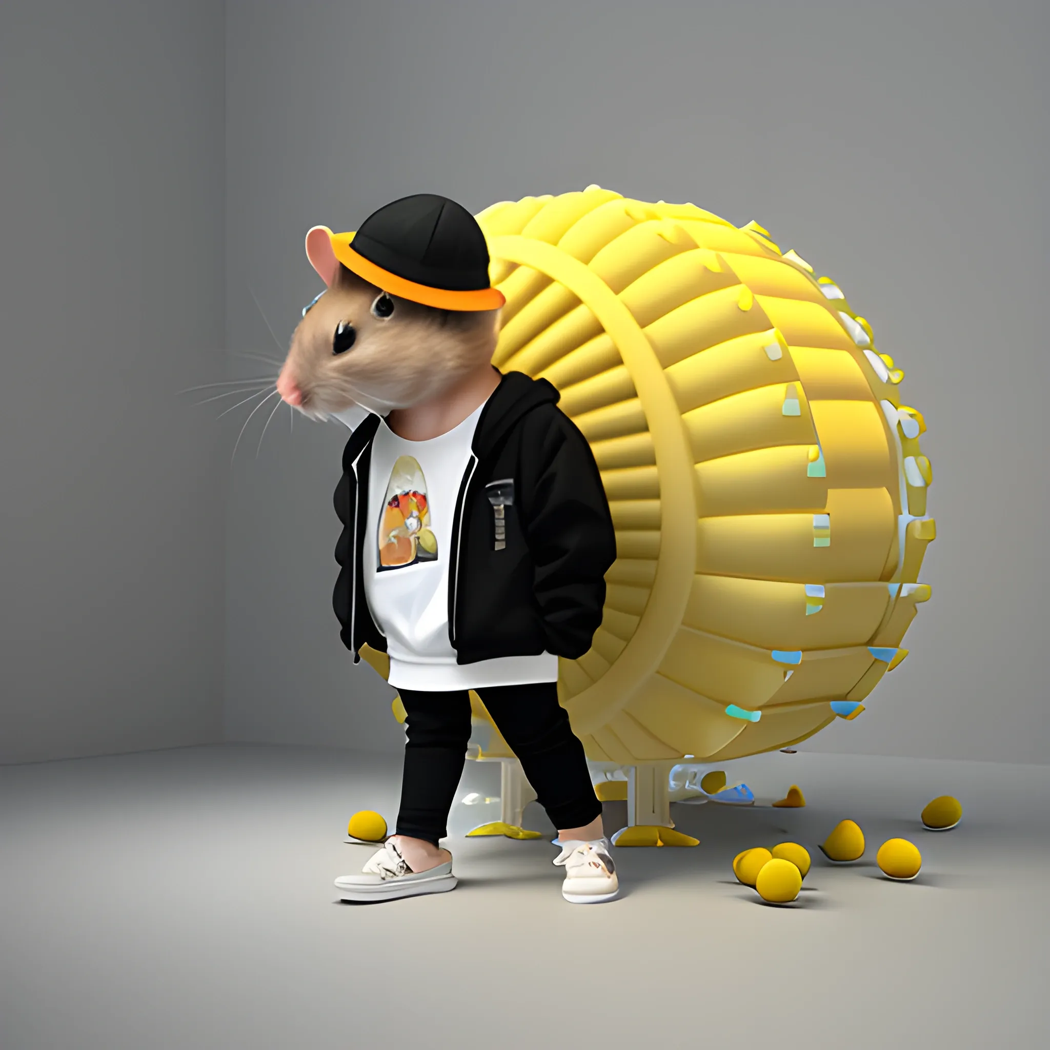 , 3D, a big hamster installation made of plastic, wearing clothes and shoes and hat, holding peanuts