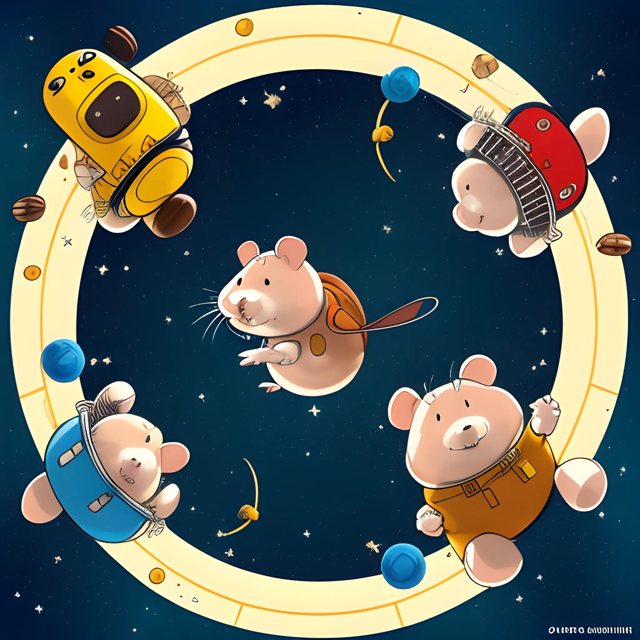 make me a poster, one big hamster wearing space suite in the middle and there are different kinds of clothing flying around it in the space,  here are peanuts flying around, too add text "okie dokie" in side of it