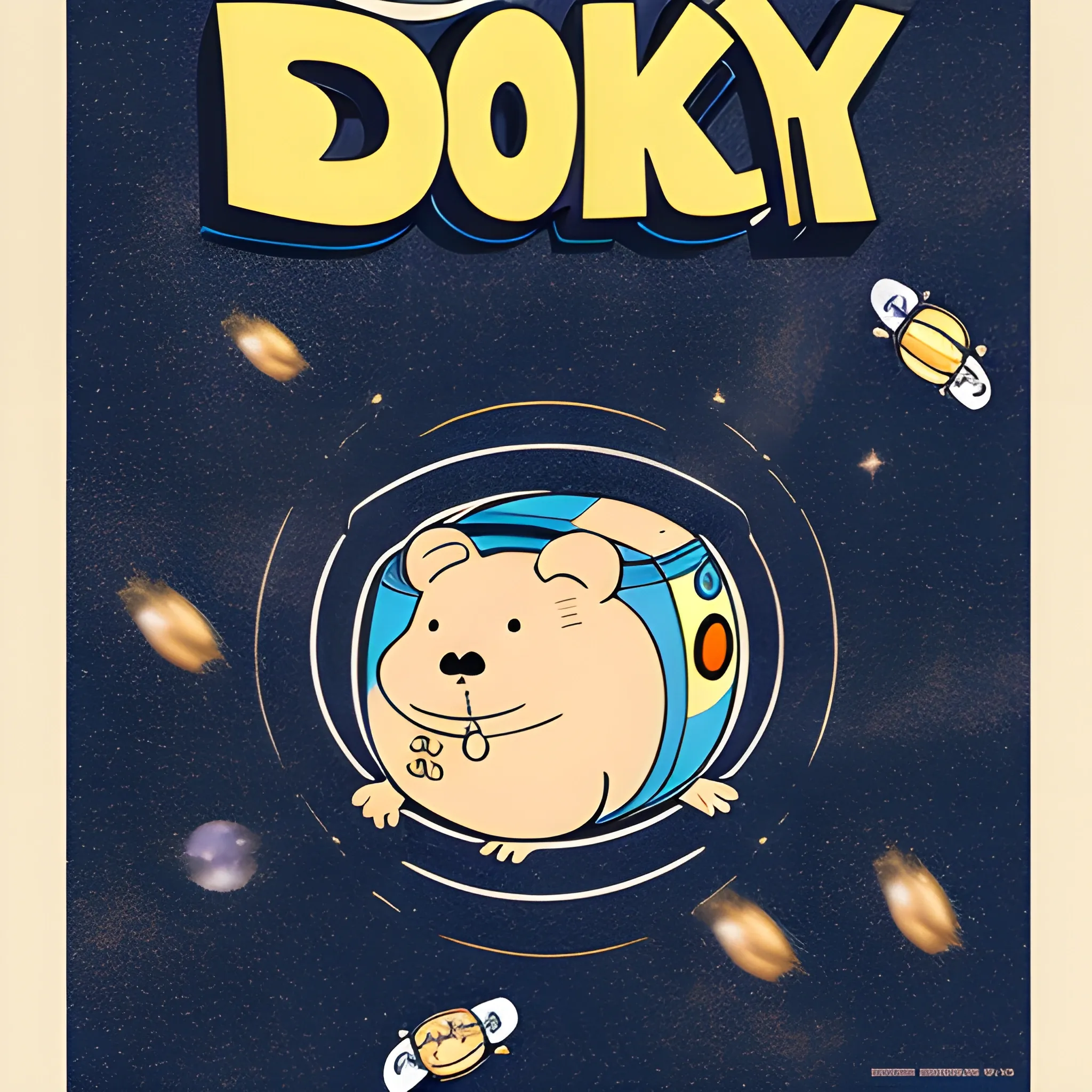 make me a poster, one big hamster wearing space suite in the middle and there are different kinds of clothing flying around it in the space,  here are peanuts flying around, too add text "okie dokie" in side of it, Cartoon, pop art