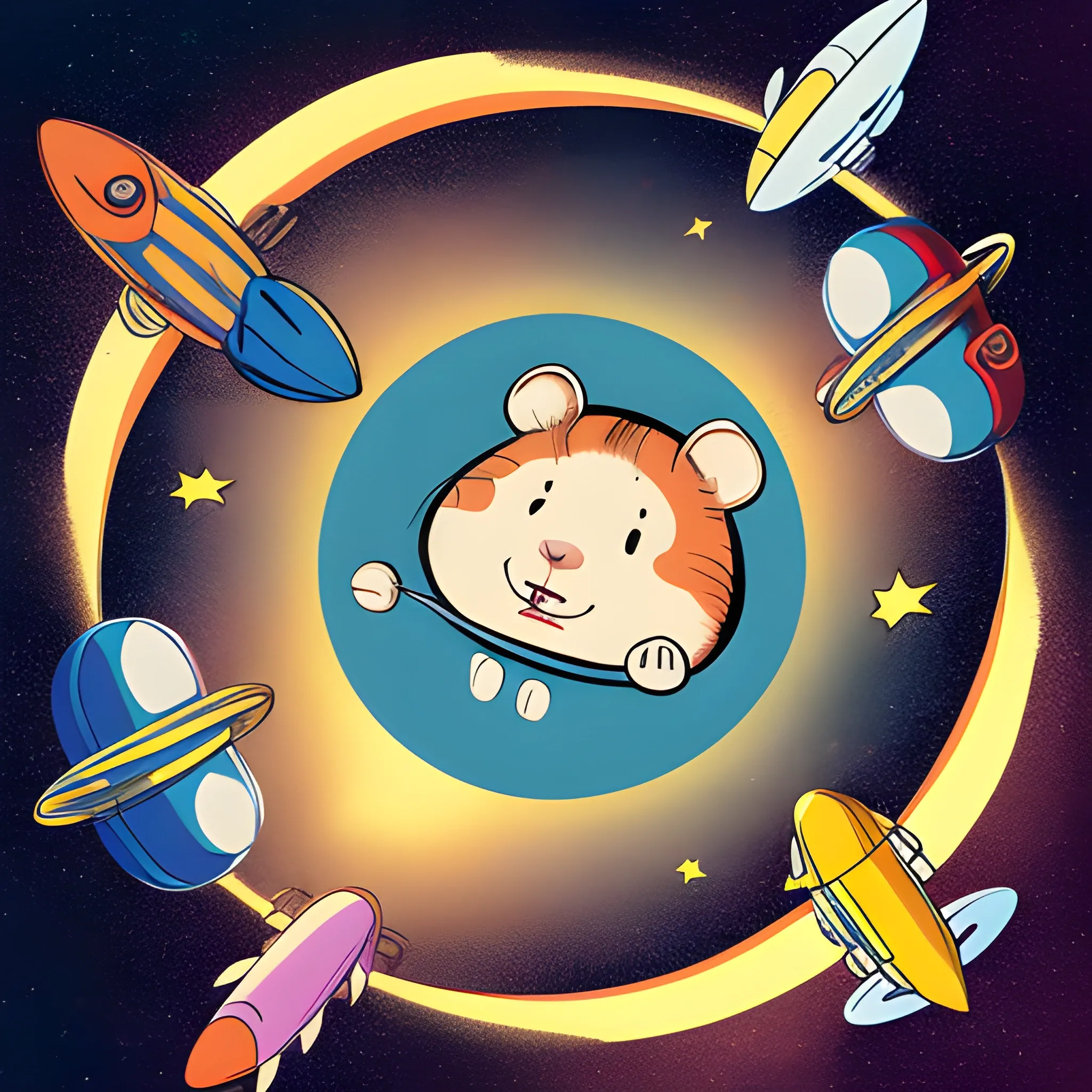 make me a poster, one big hamster wearing space suite in the middle and there are different kinds of clothing flying around it in the space,  here are peanuts flying around, too , Cartoon, pop art