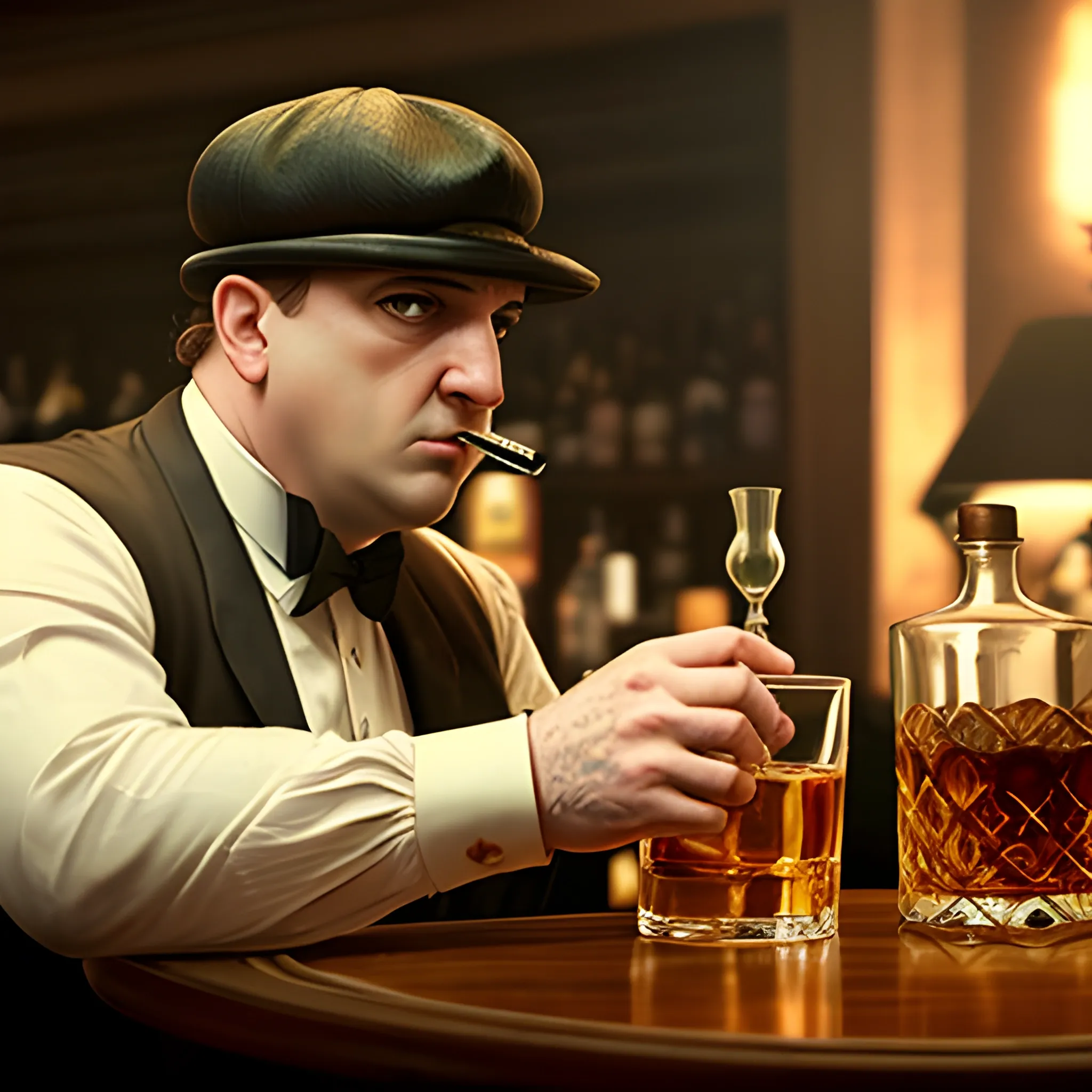 Detail Realistic photo of Tony Soprano of "The Sopranos" TV show and Thomas Shelby of "Peaky Blinders" TV show, drinking a glass of whisky in a bar