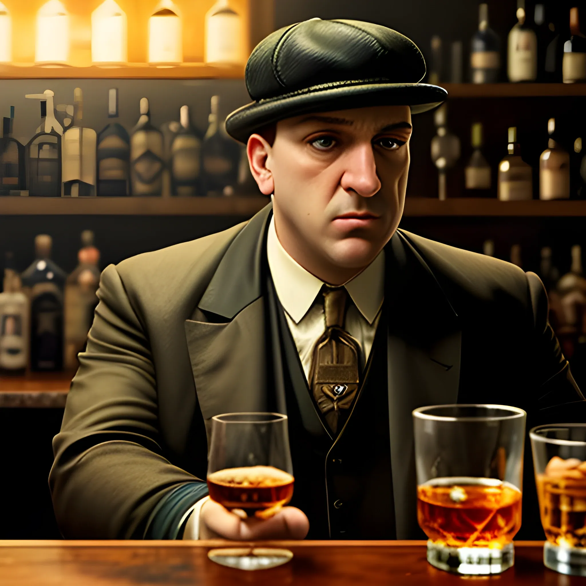 Detail Realistic photo of Tony Soprano of "The Sopranos" TV show and Thomas Shelby of "Peaky Blinders" TV show, drinking a glass of whisky in a bar