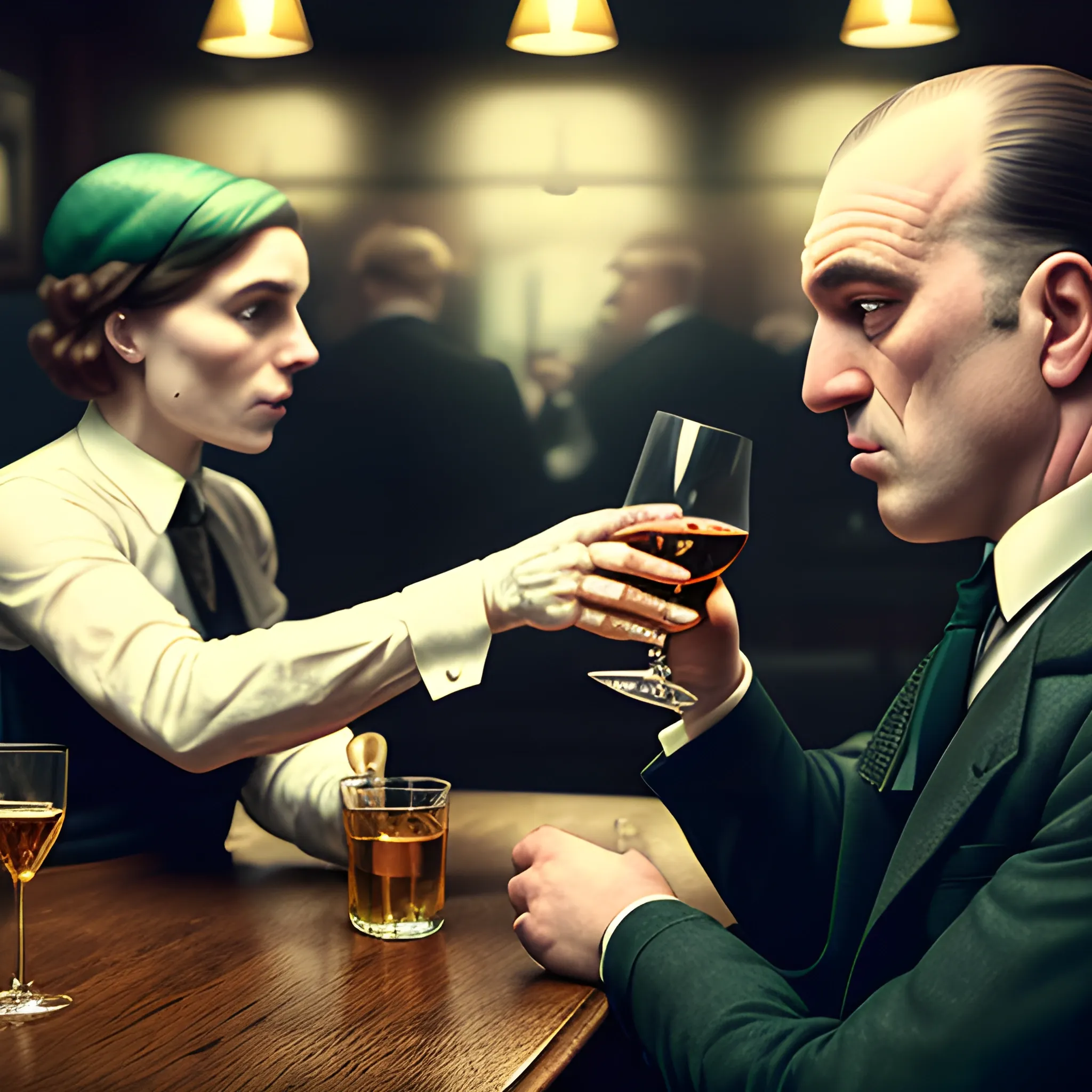 Detail Realistic photo of two persons drinking a glass of whisky, irish vintage bar, Tony Soprano of "The Sopranos" TV show and Thomas Shelby of "Peaky Blinders" TV show drinking together. / Negative prompt: [deformed | disfigured], poorly drawn, [bad : wrong] anatomy, [extra | missing | floating | disconnected] limb, (mutated hands and fingers), blurry 