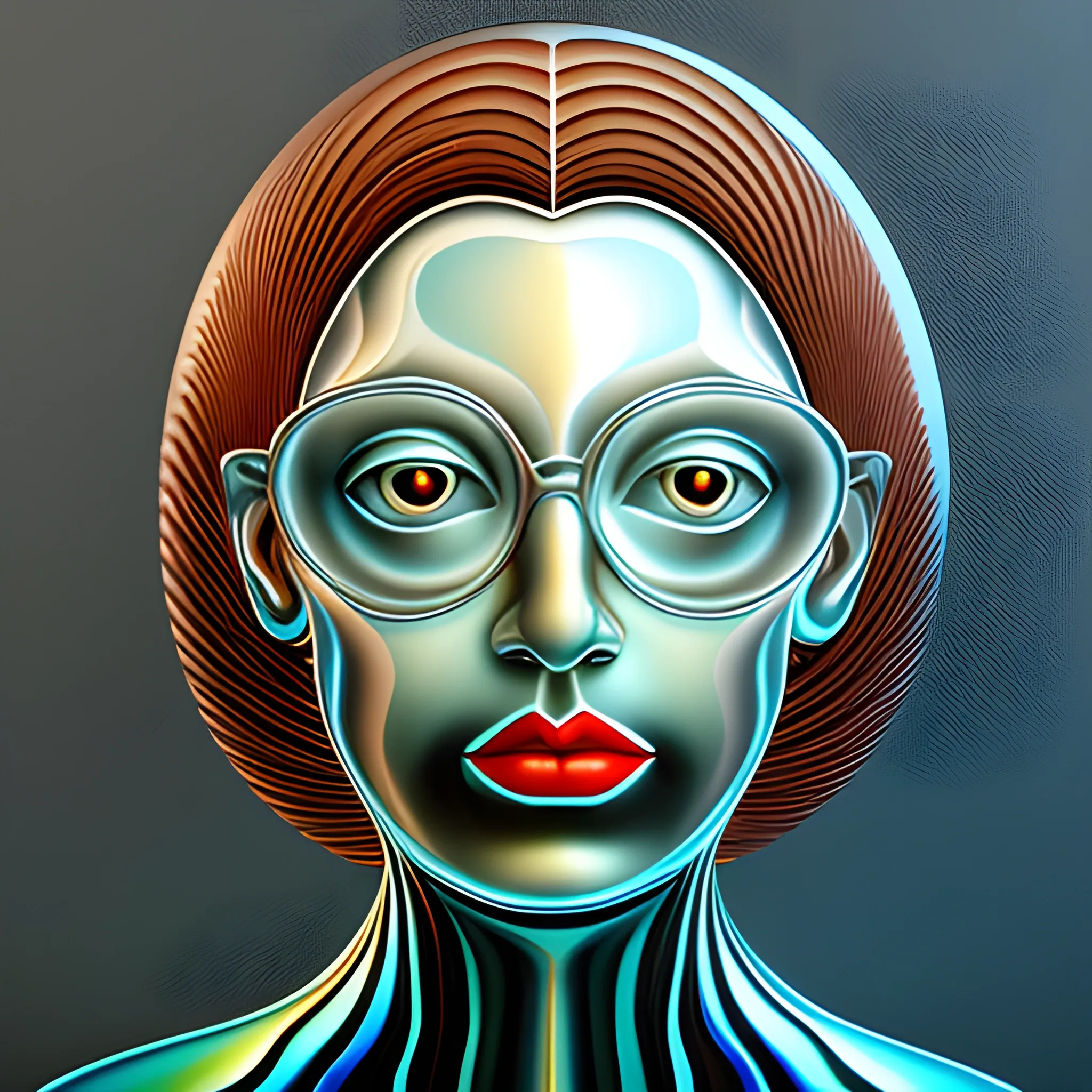 Female portrait made of fluid glass, work of a surrealist master, 3D, Cartoon