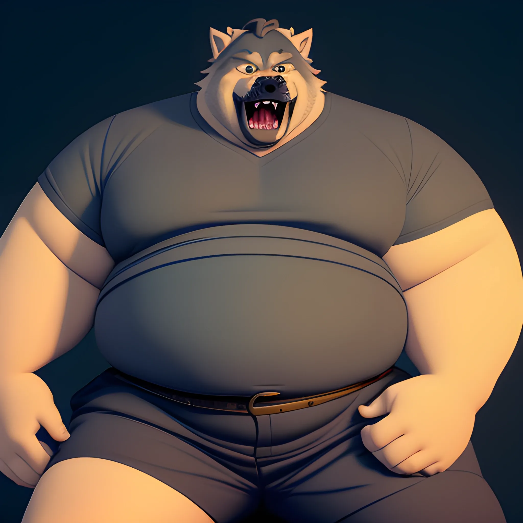 A fat werewolf daddy, dressed in a tight shirt and belted low at the waist with black pants and dress shoes, He is lying on his side with his big belly sticking out with one hand on his belly and burping, 3D