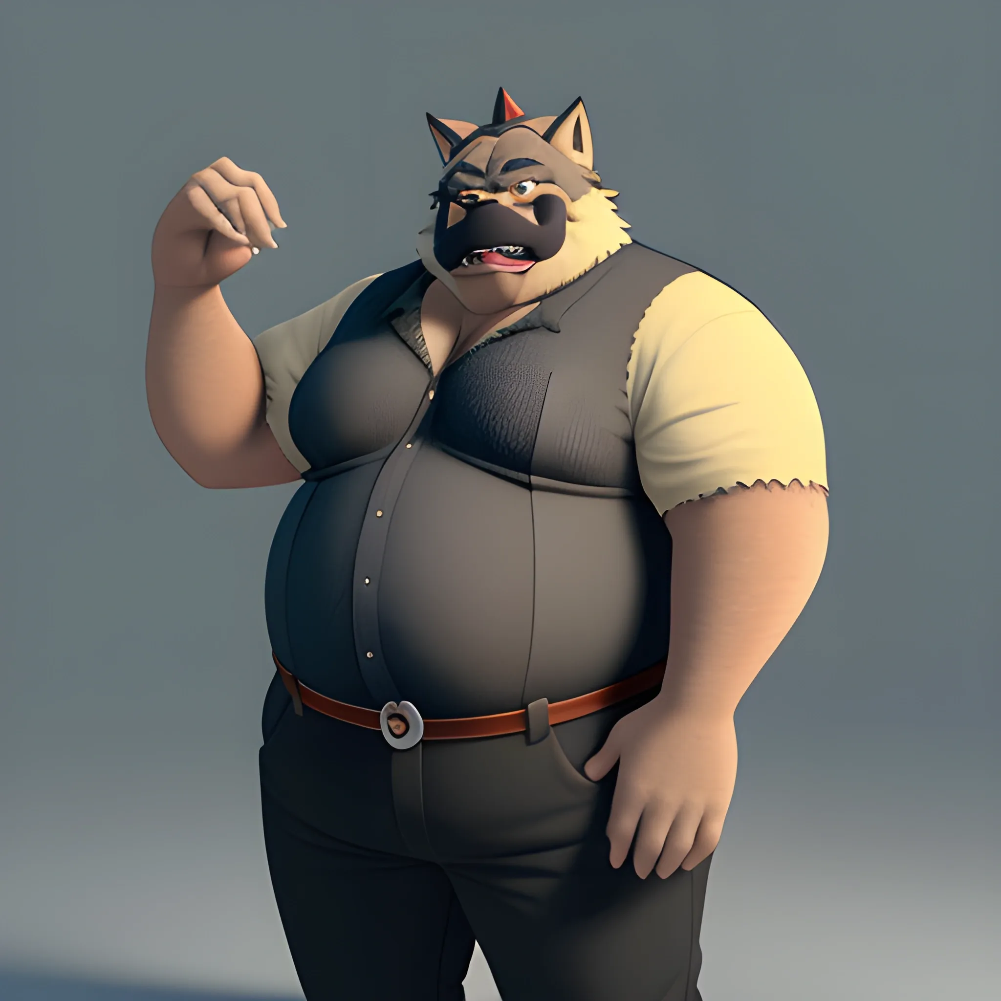 A very fat werewolf dad, who dresses in a shirt and black pants with a belt, the big belly fat wolf dad has Moustache while he puts one hand on his belly , 3D