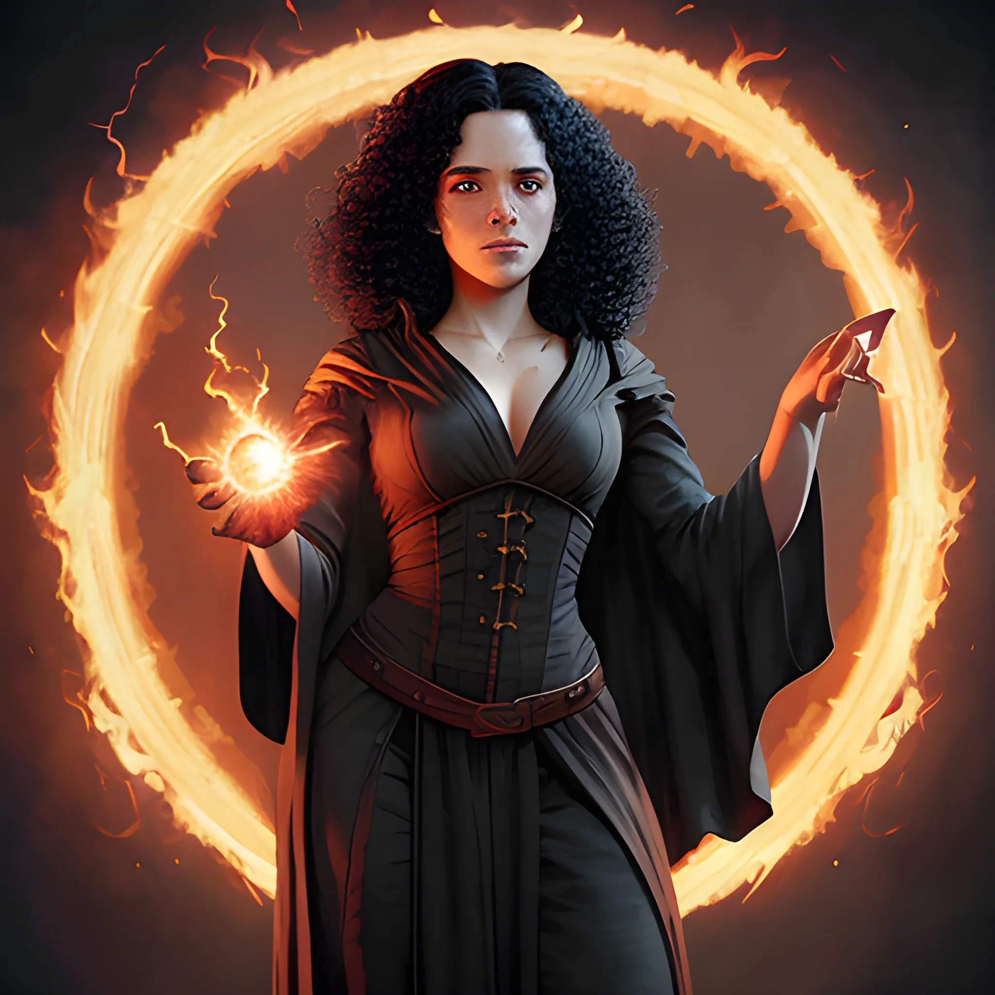 a female wizard with black curly hair and full body casting a red fireball | | photorealistic, realistic shaded, fine details, realistic shaded lighting poster by greg rutkowski, magali villeneuve, artgerm, jeremy lipkin and michael garmash and rob rey