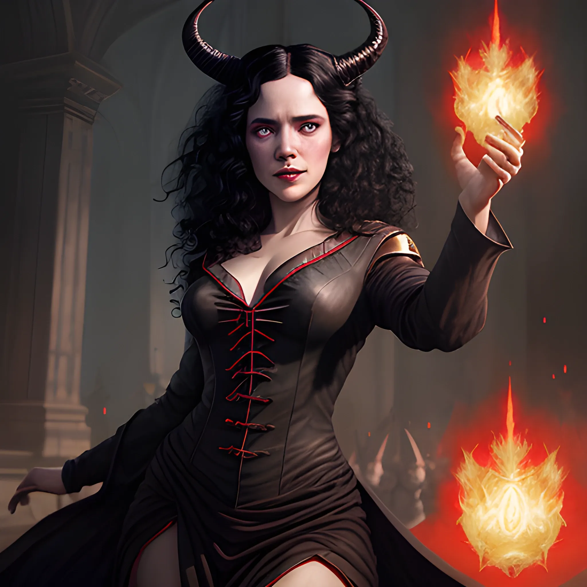 a female wizard with black curly hair and full body and devil horns casting a red fireball | | photorealistic, realistic shaded, fine details, realistic shaded lighting poster by greg rutkowski, magali villeneuve, artgerm, jeremy lipkin and michael garmash and rob rey