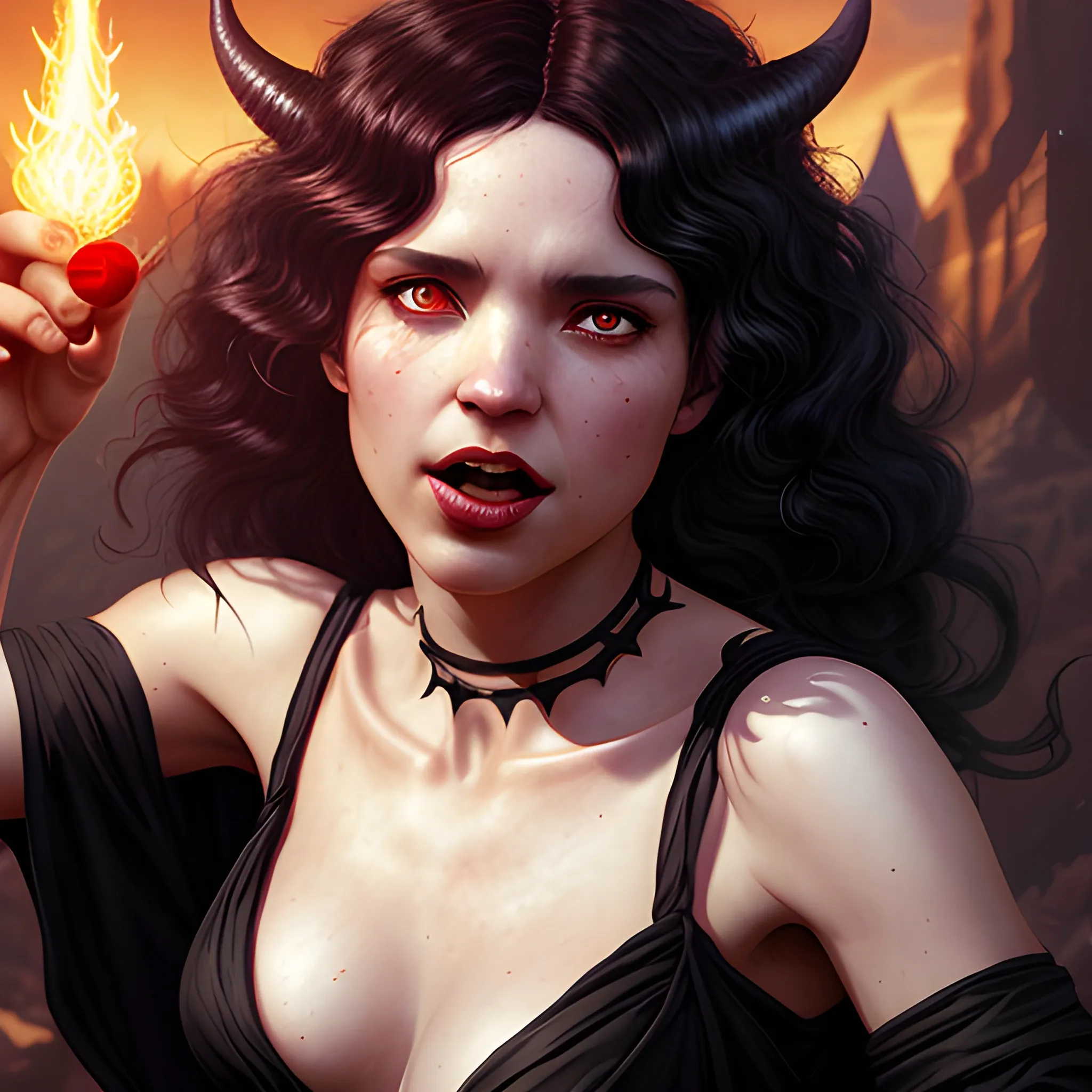 a female wizard with black curly hair and full body and devil horns and less clothes casting a red fireball | | photorealistic, realistic shaded, fine details, realistic shaded lighting poster by greg rutkowski, magali villeneuve, artgerm, jeremy lipkin and michael garmash and rob rey