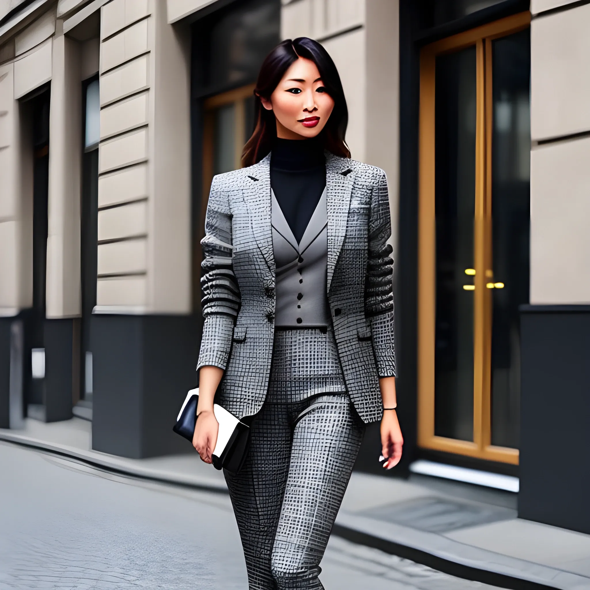 Eurasian girl wearing gray tweed blazer suit, street style