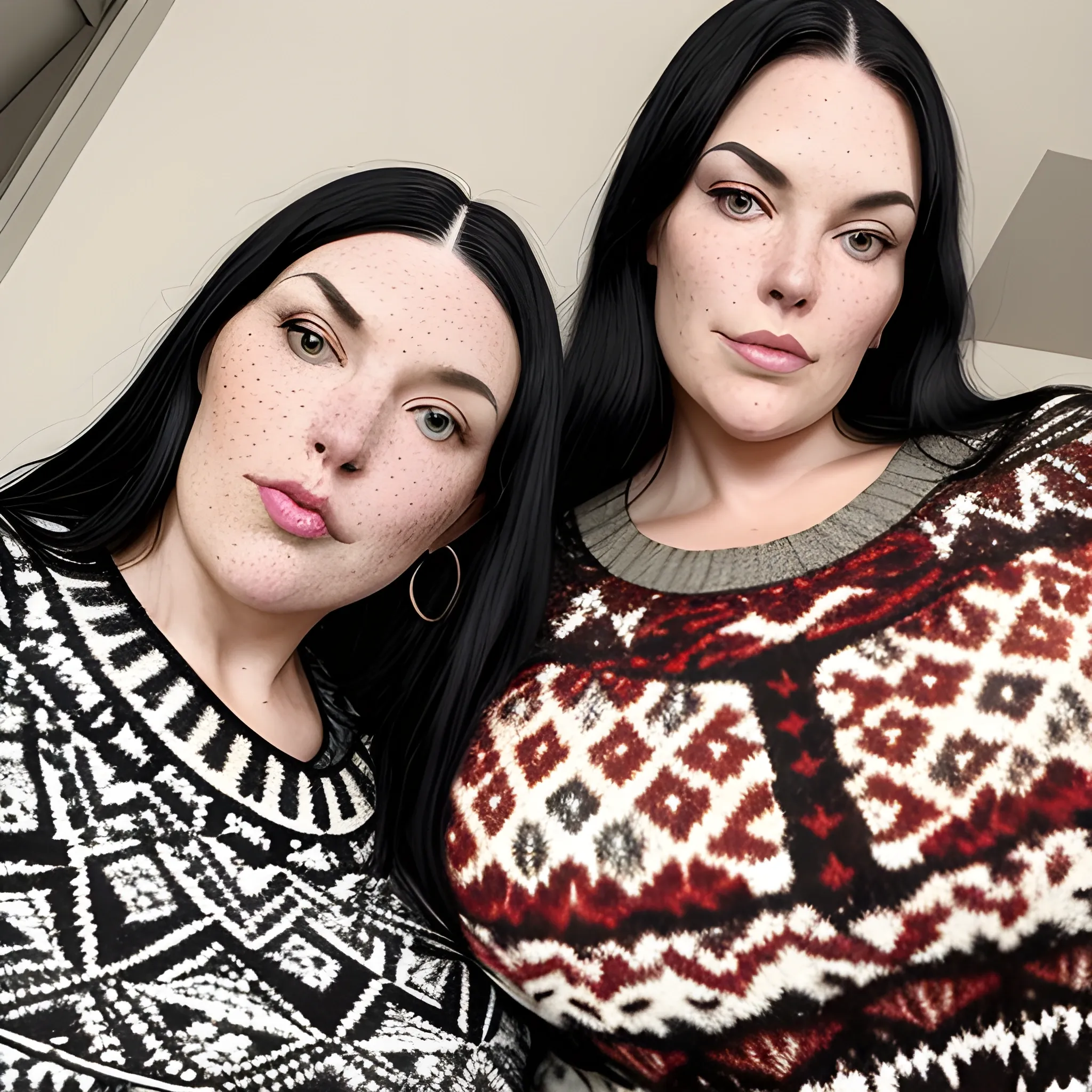 Two tall beautiful, plus sized, buxom, early middle-aged  American women with long straight black hair, full lips, full face, freckles, fitted patterned sweaters, looking down at the camera, up close pov, touching