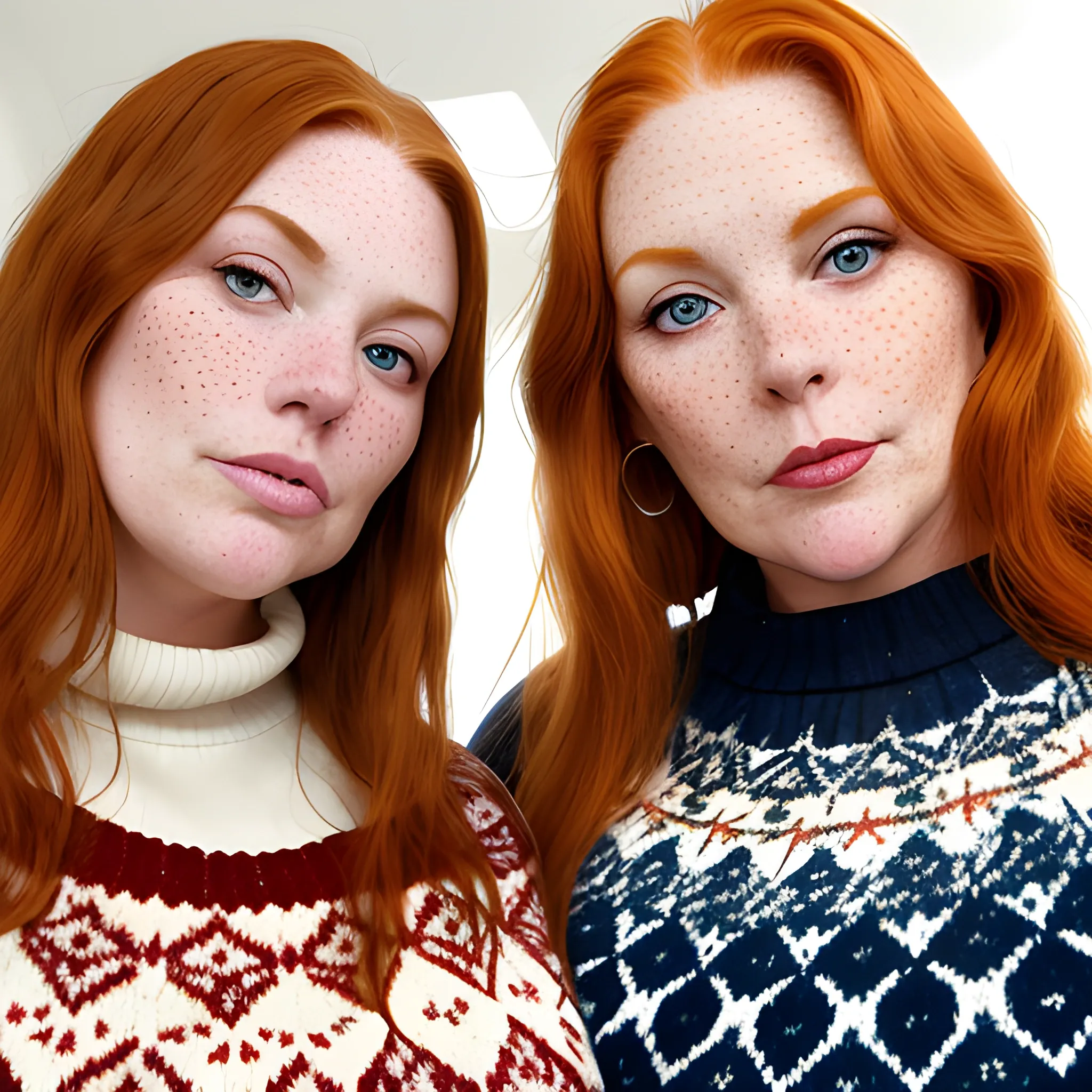 Two tall beautiful, plus sized, buxom, early middle-aged  American women with long straight ginger hair, full lips, full face, freckles, fitted patterned sweaters, looking down at the camera, up close pov, touching